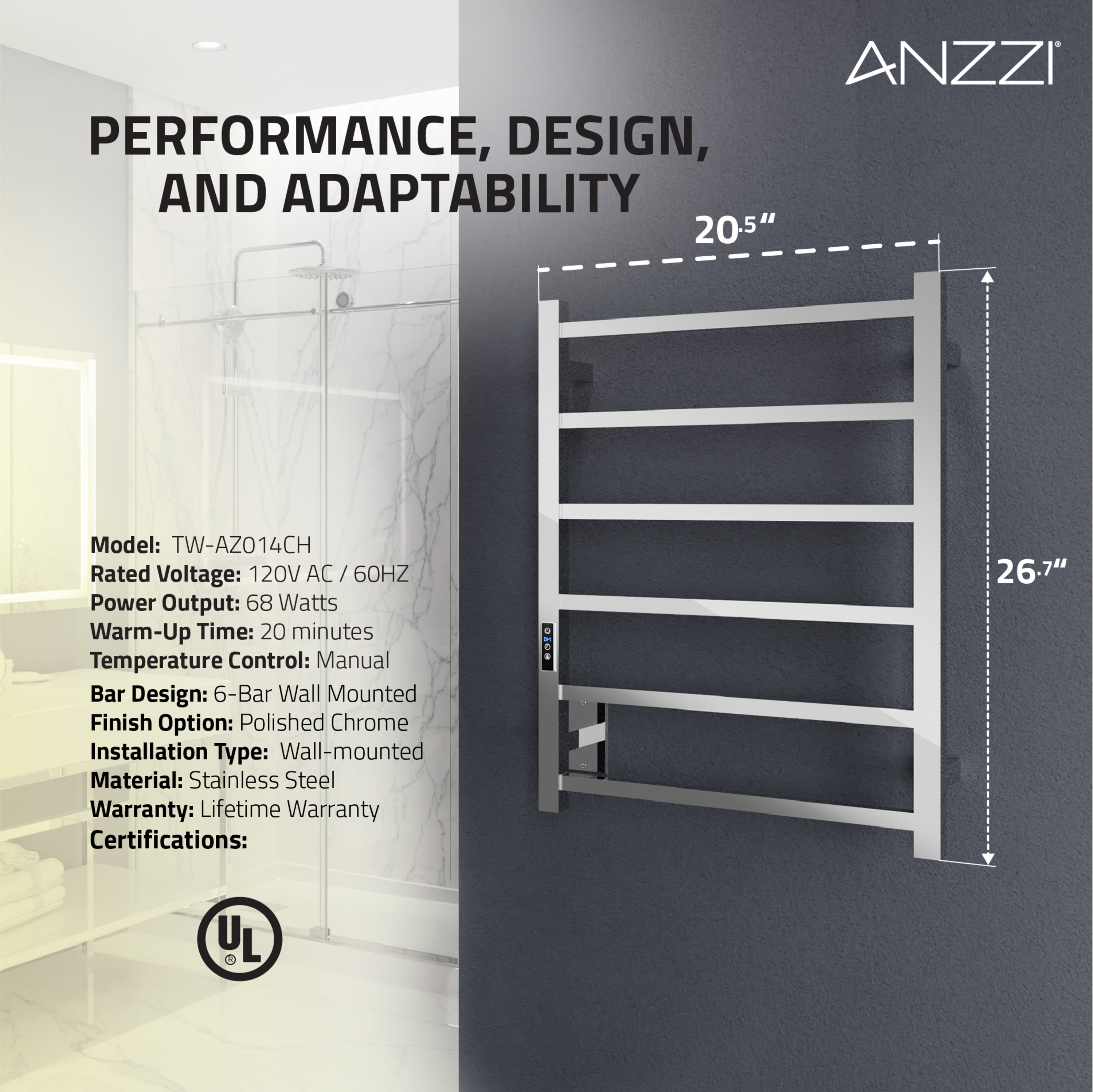 Charles Series Polished Chrome Stainless Steel Wall Mounted Towel Warmer