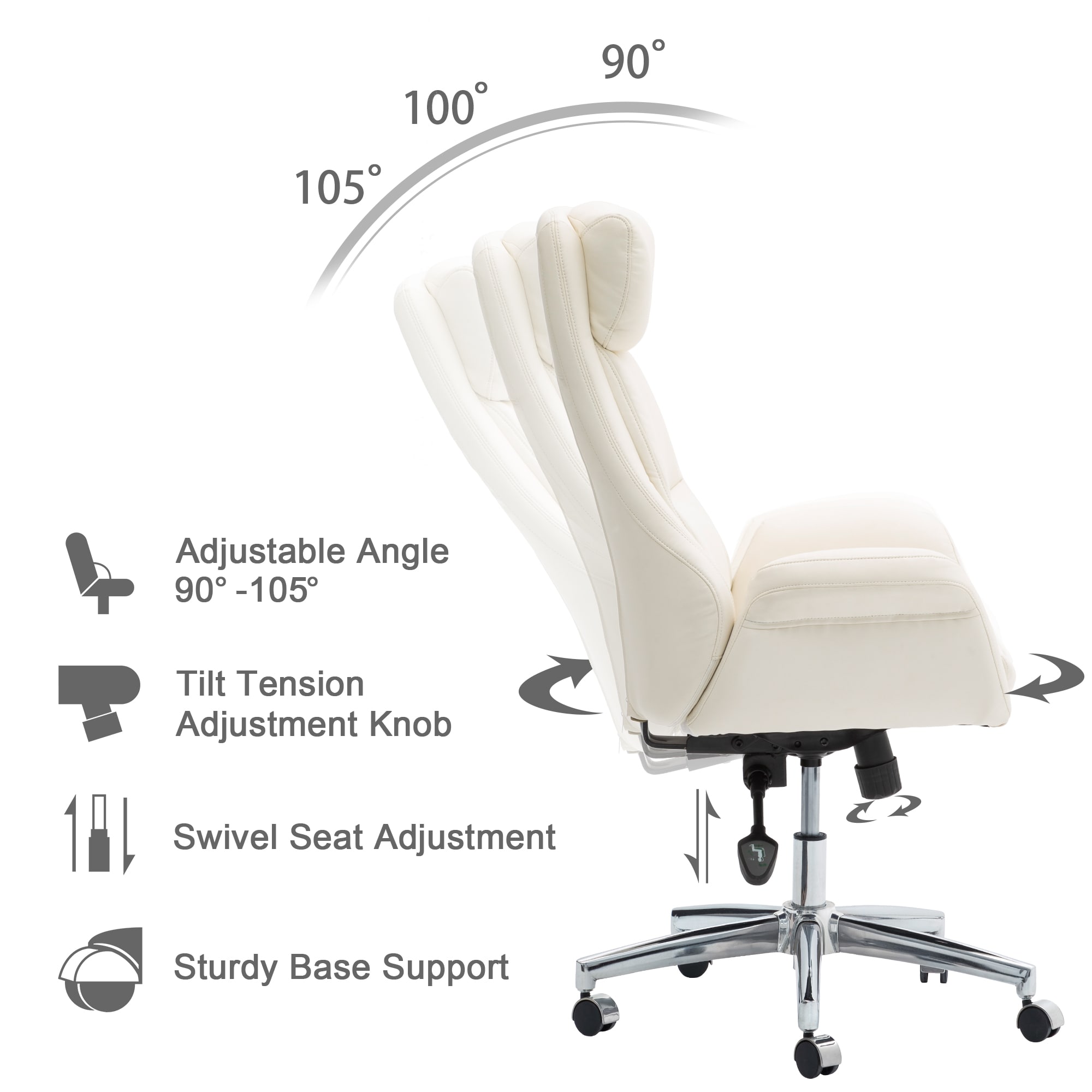 Glitzhome Midcentury Cream Traditional Ergonomic Adjustable Height Swivel Faux Leather Executive Chair in Off-White | GH1004202903