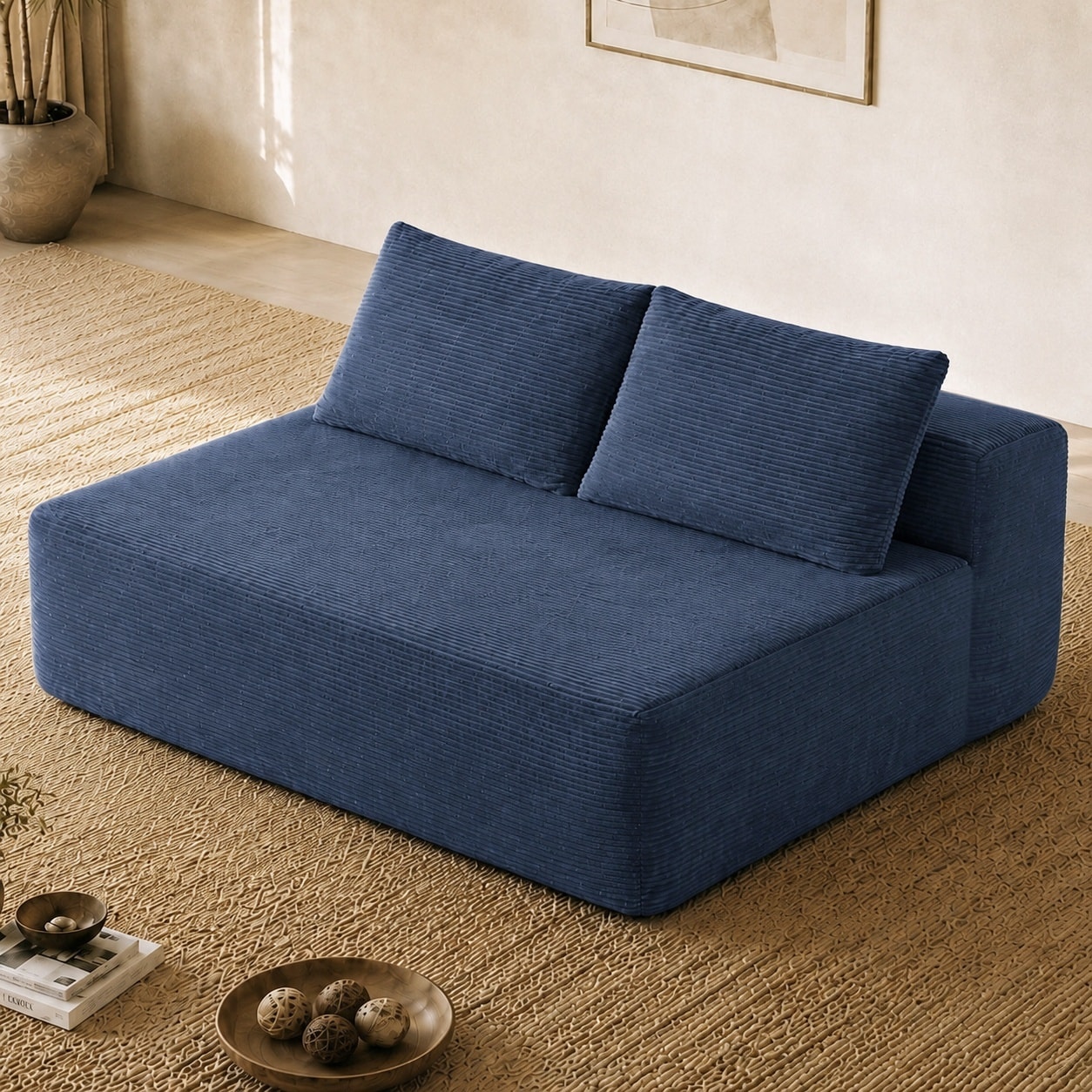 Horizons Prime - 58 inch Blue Corduroy Fabric 2 Seat Sofa Bed with Plush Velvet and Cup Holder