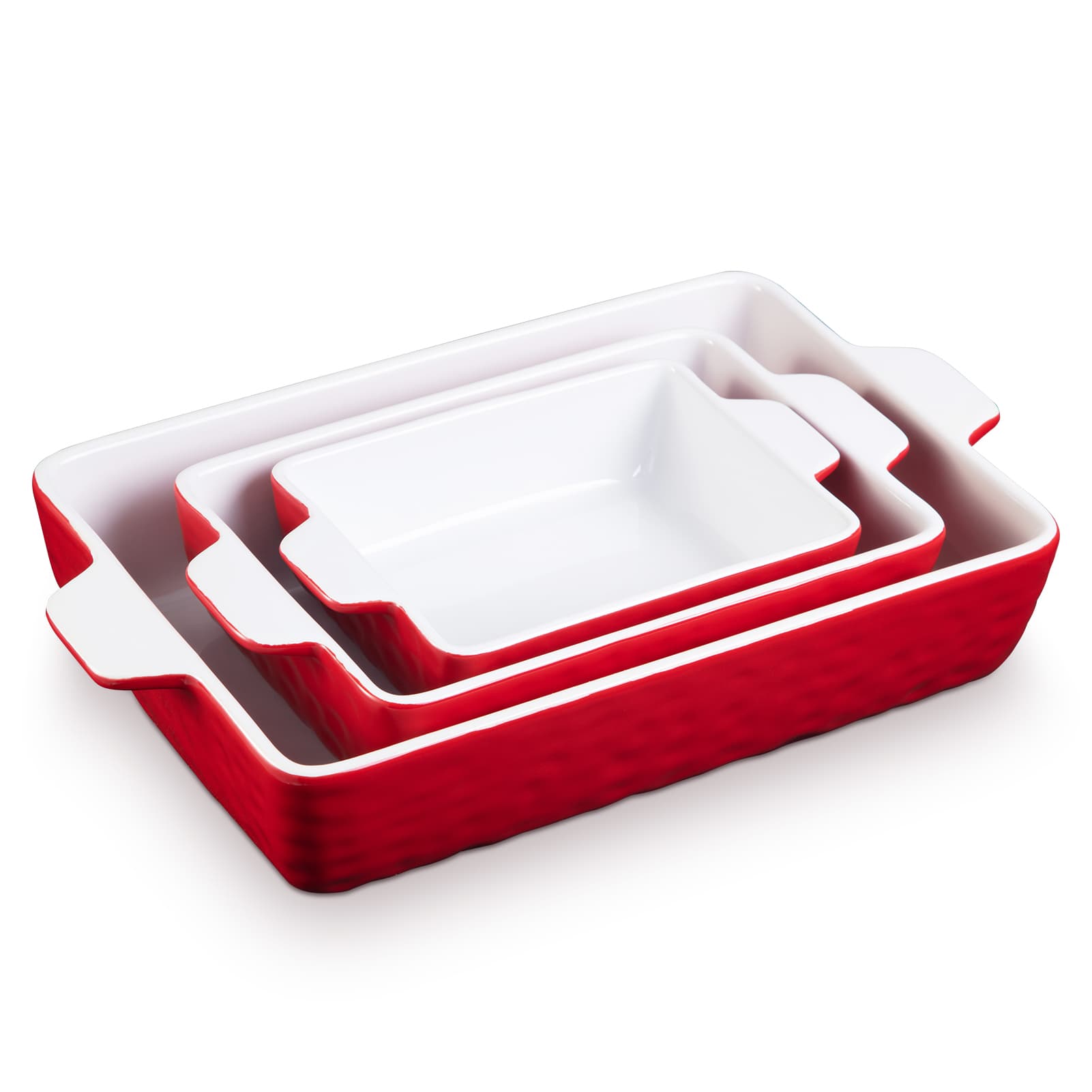 WhizMax JXNAG-PHO-0QKZJN97 Baking Dish Set of 3 Piece Ceramic Casserole Dishes for Oven Bakeware Rectangular Baking Pan Set with Handles for Kitchen Porcelain Bakeware for Cake Lasagna-Red