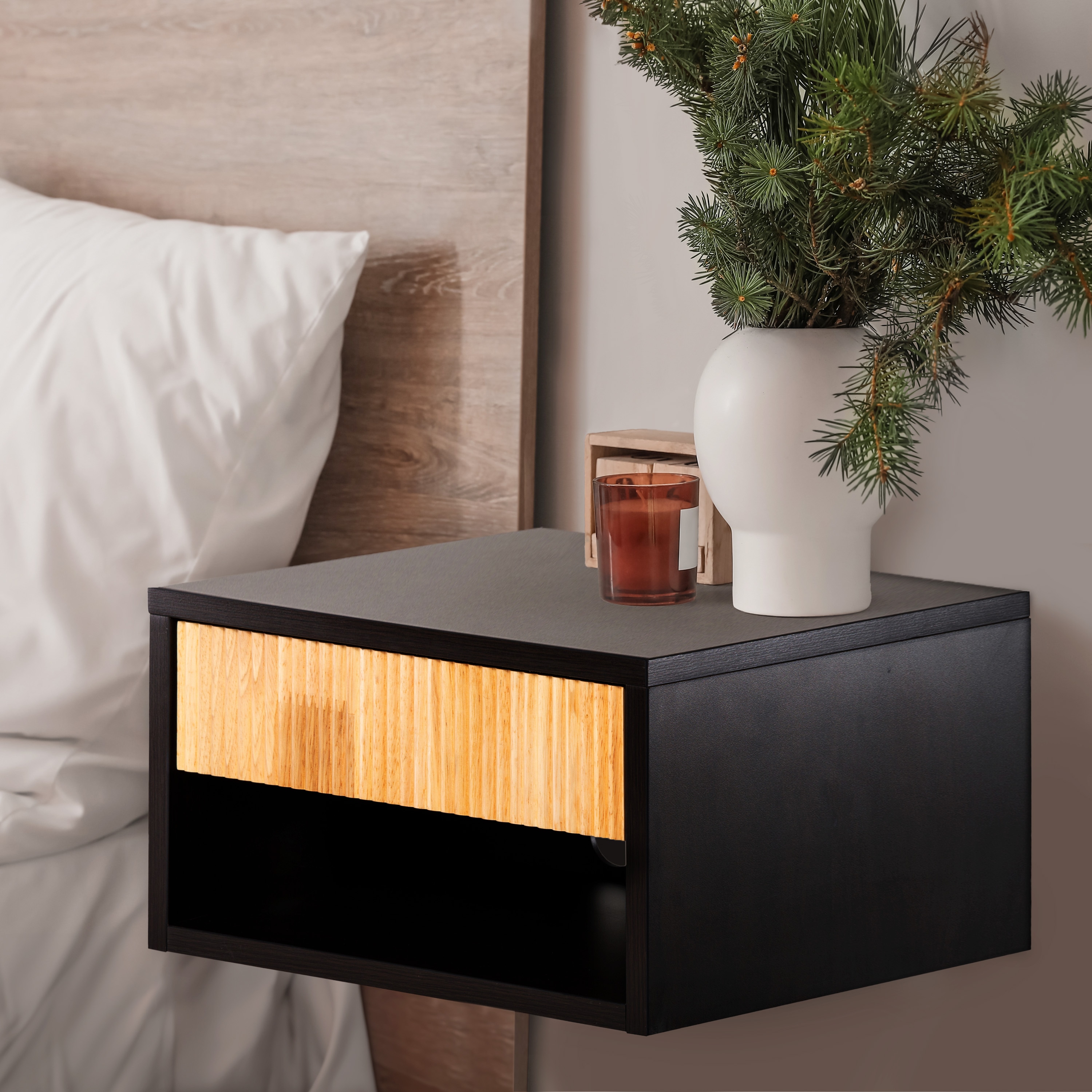 JONATHAN  Y NST2001A Elise Soft-Close Tambour Drawer and Cable Hole Black/Light Oak Rubberwood Nightstand