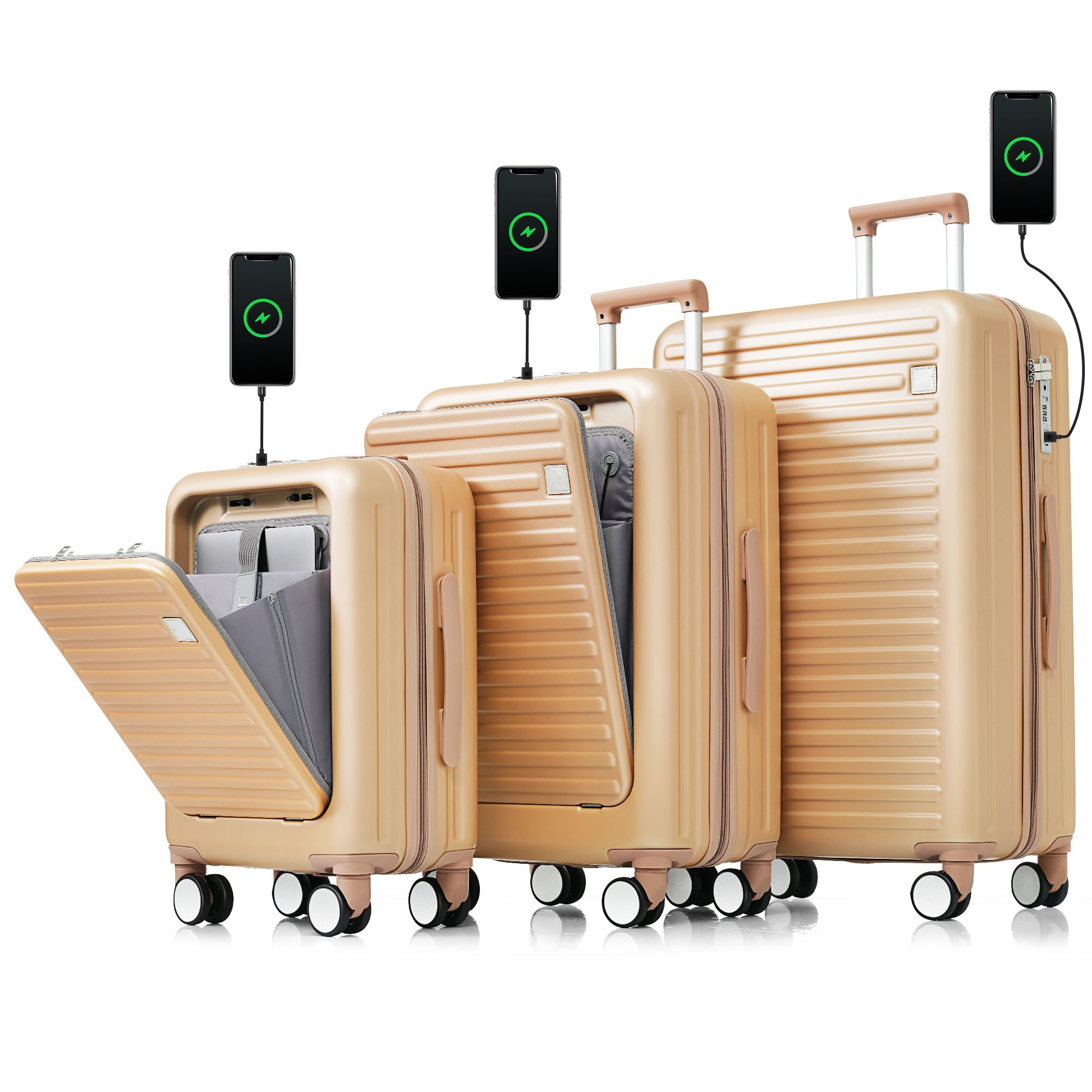 Bybafun YD9600066 27.5x18.9x12IN Champagne Plastic Hardshell Suitcase set 3 -Bag