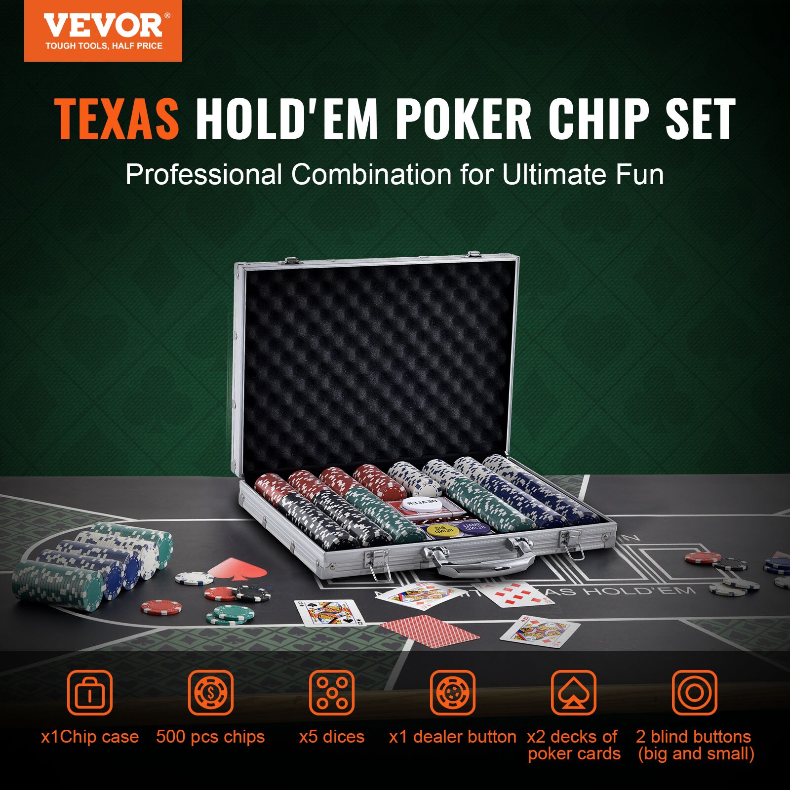 VEVOR Large Print 500 Pcs Poker Chip Set Aluminum Playing-Card in the ...