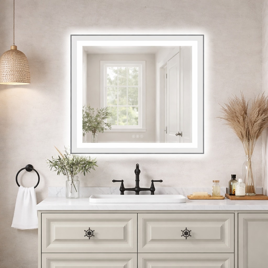 MYRYY - 30-in x 30-in Polished Edge Framed Square Dimmable LED Lighted Fog Free Bathroom Vanity M...