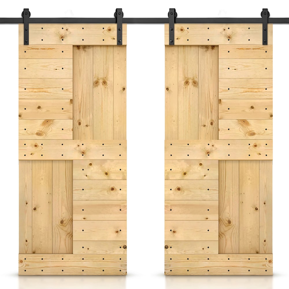 CALHOME MK72(2+N1-36UNF(2+CN 72-in x 84-in Unfinished Unfinished Pine Wood Solid core Double Barn Door (Hardware Included)