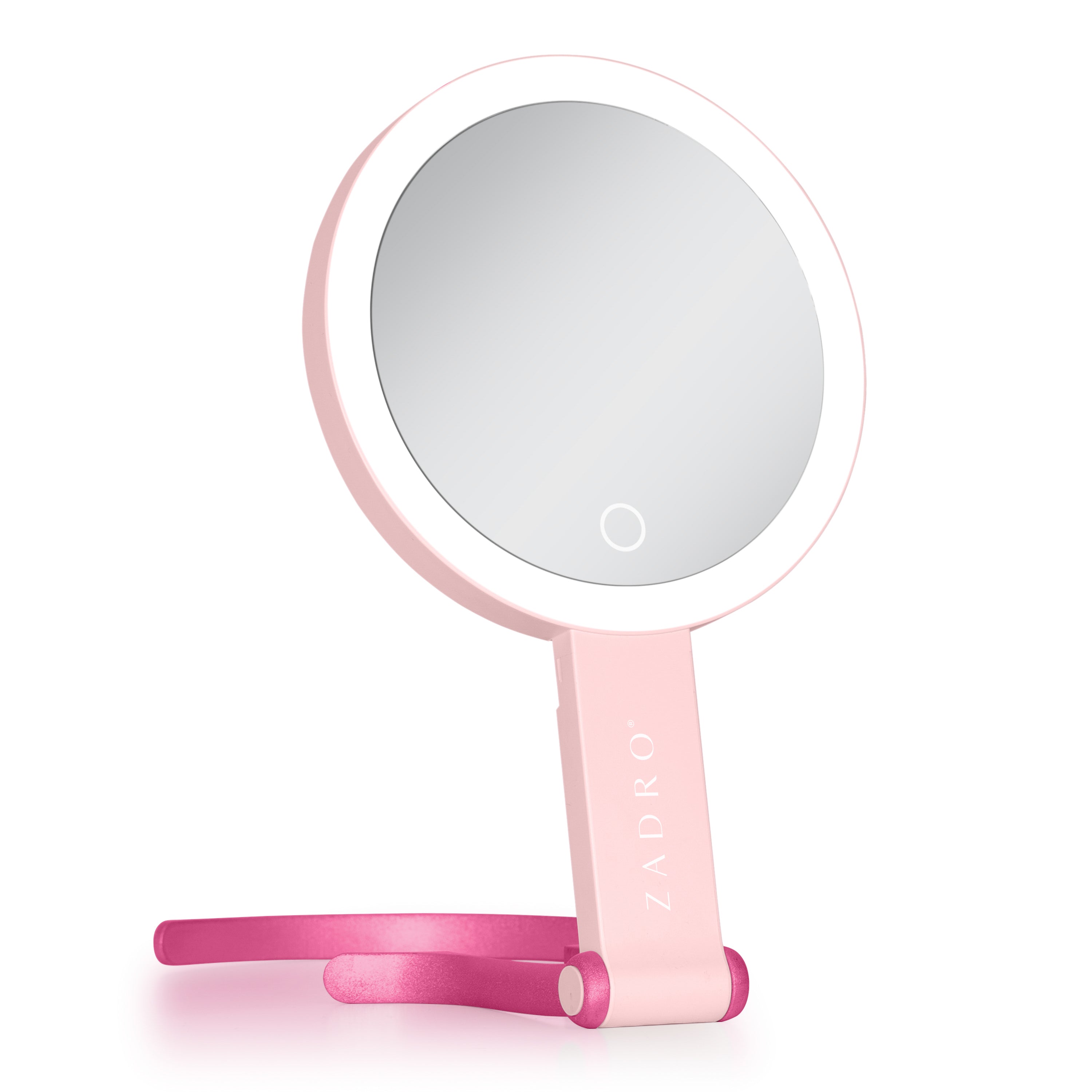 Zadro 10-Inch x  6.5-Inch Round Folding LED Lighted Around-The-Neck Travel Mirror with 10X/1X Magnification 6.3-Inch Dia. Mirror Head 5.25-Inch Dia. Reflective Surface Rechargeable Battery USB-C Cable