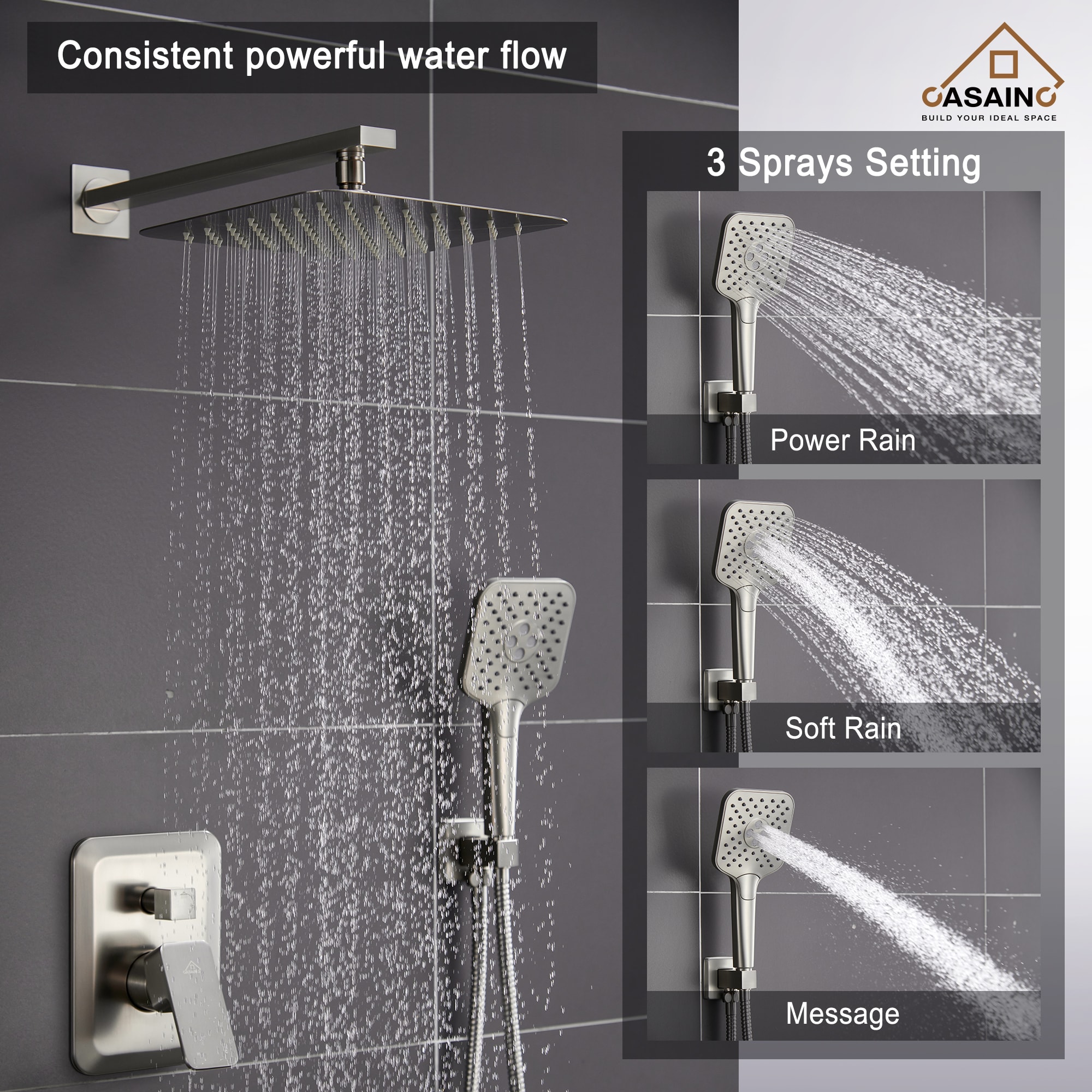 CASAINC Brushed Nickel 1-handle Multi-head Square Shower Faucet Valve ...