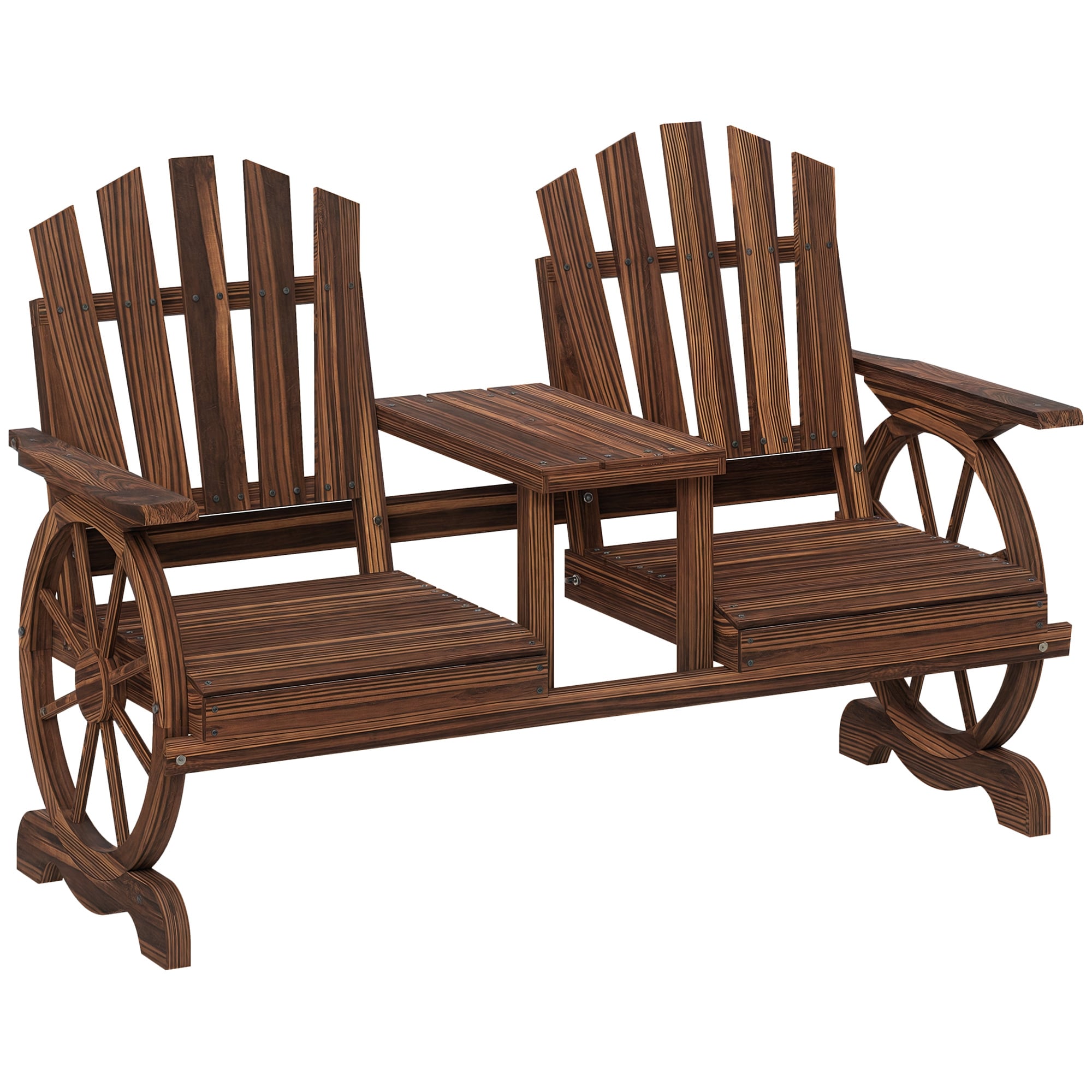 Outsunny  Wooden Garden Bench with Table Umbrella Hole 2-Seat Wagon Wheel Outdoor Bench High Backrest Armrests for Backyard Patio Carbonized