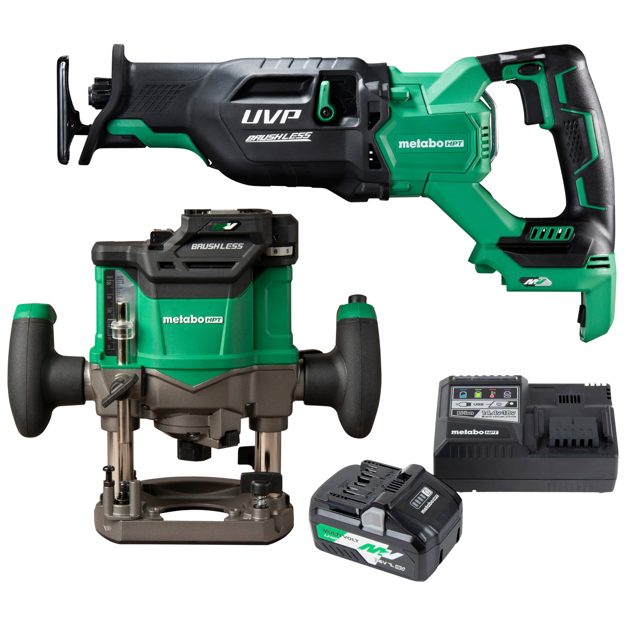 Metabo HPT Multi-Volt 1/4-in and 1/2-in 2-HP Plunge Router with 36V Reciprocating Saw + Multi-Volt Stater Kit