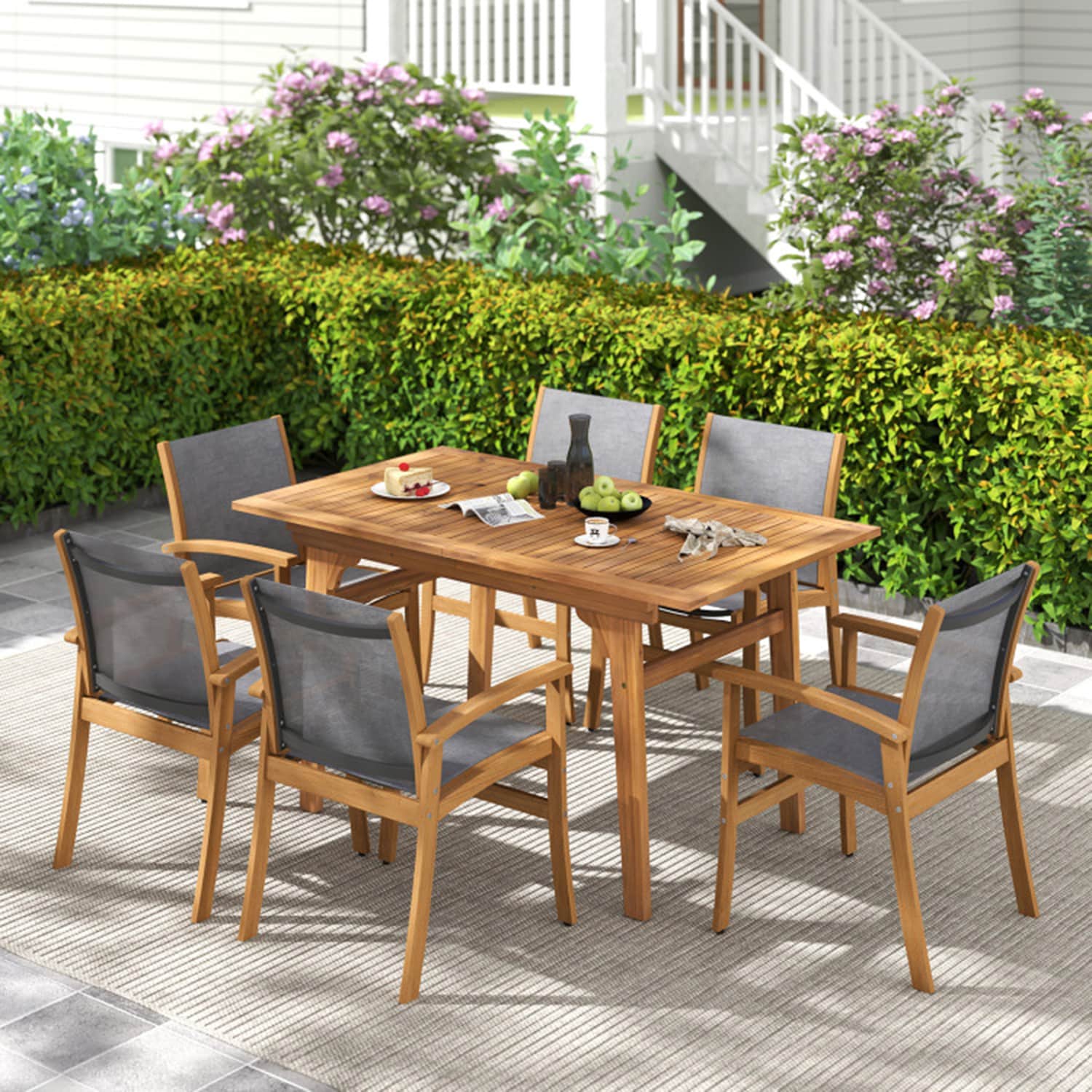 Mondawe MO-HW73614BN2 9 -Piece Brown Patio Dining Set Extendable Table Wood Rectangle Table with 8 Gray Stationary Chairs and Umbrella Included