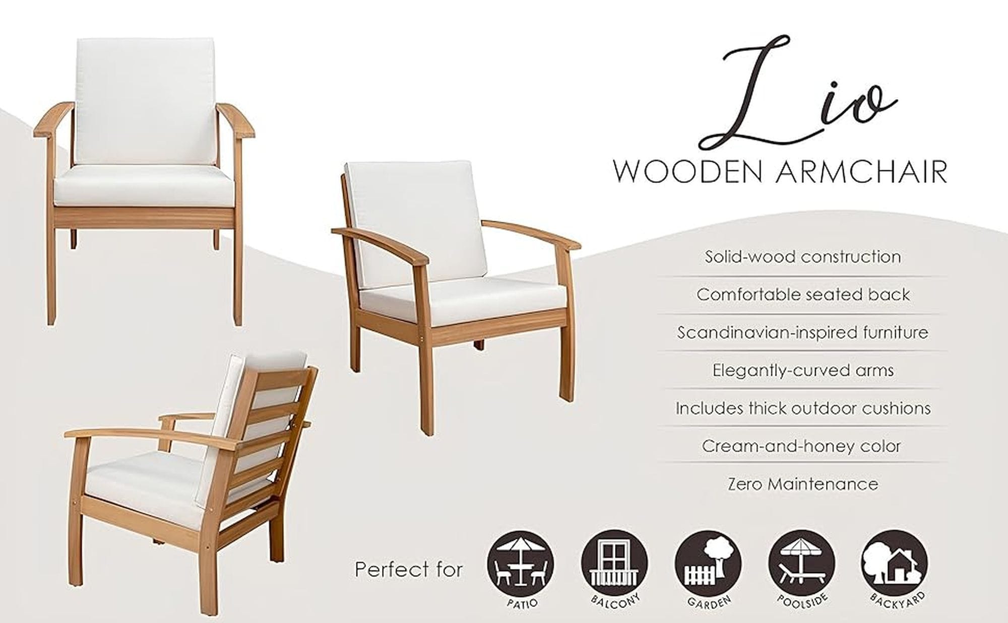 Scandinavian Midcentury Modern Solid Wood Lounge Chair with Cream Cushions