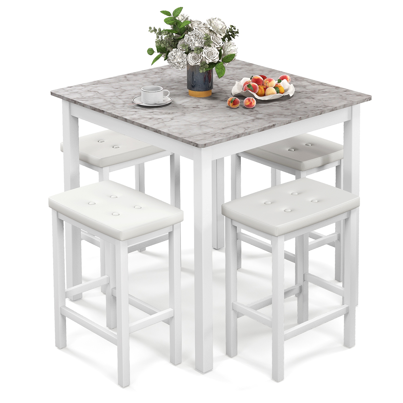 Clihome - 5-Piece Bar Table Set Counter-Height Dining Table and 4 Bar Stools White Contemporary/M...