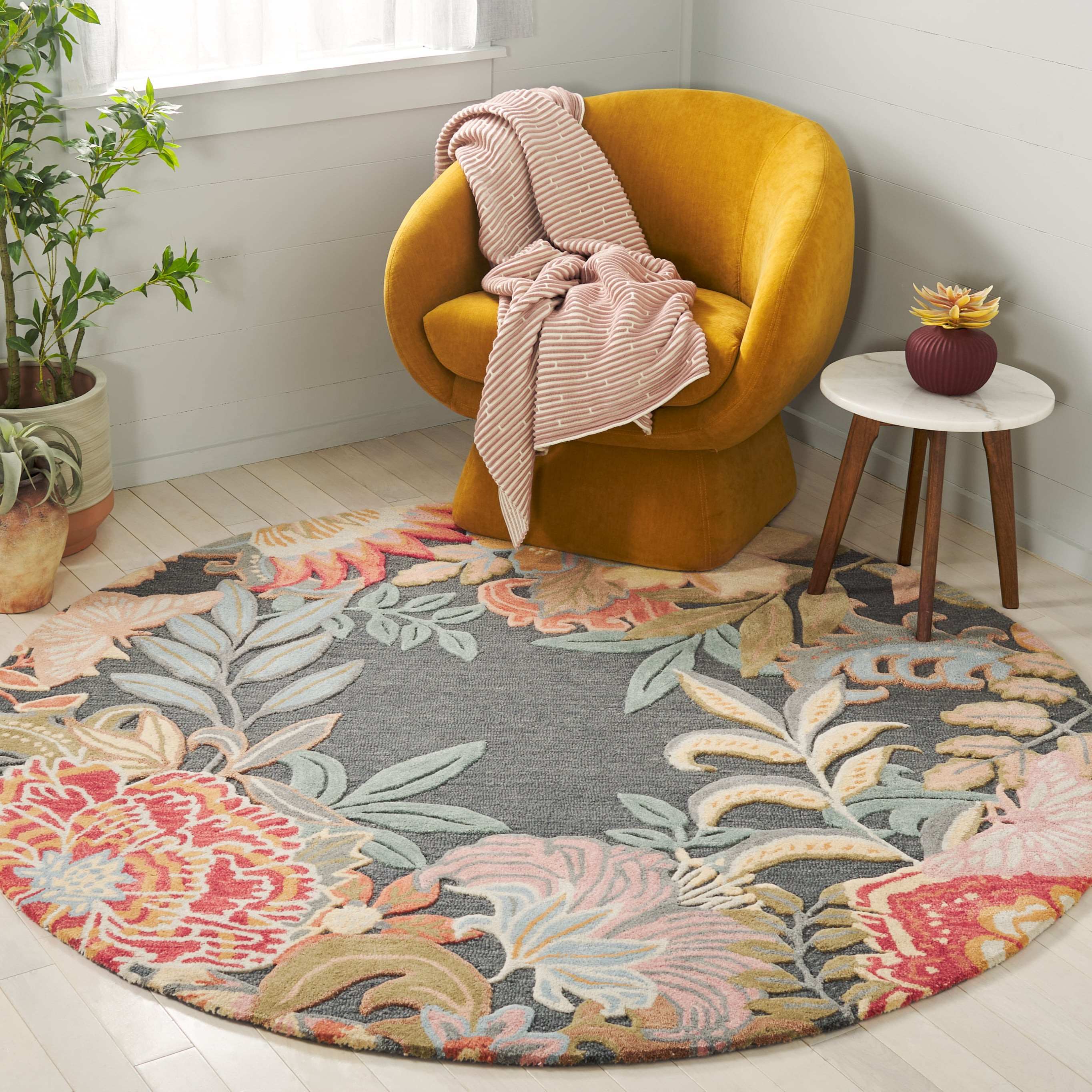  Bellagio 102 Gray/Rust Country Floral 6ft x 6ft Round Rug