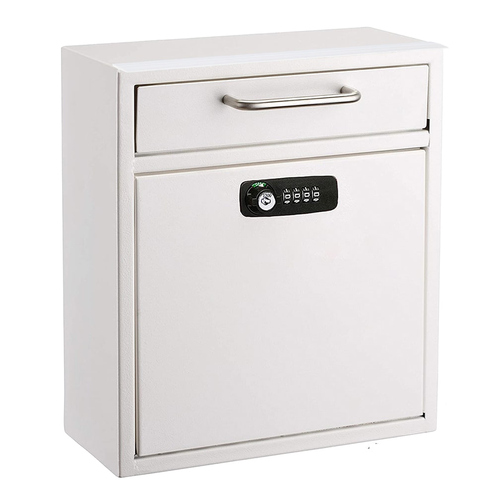 AdirOffice Locking Steel Wall-Mount Drop Box Medium Mailbox White with Combination Lock and Rain Guard