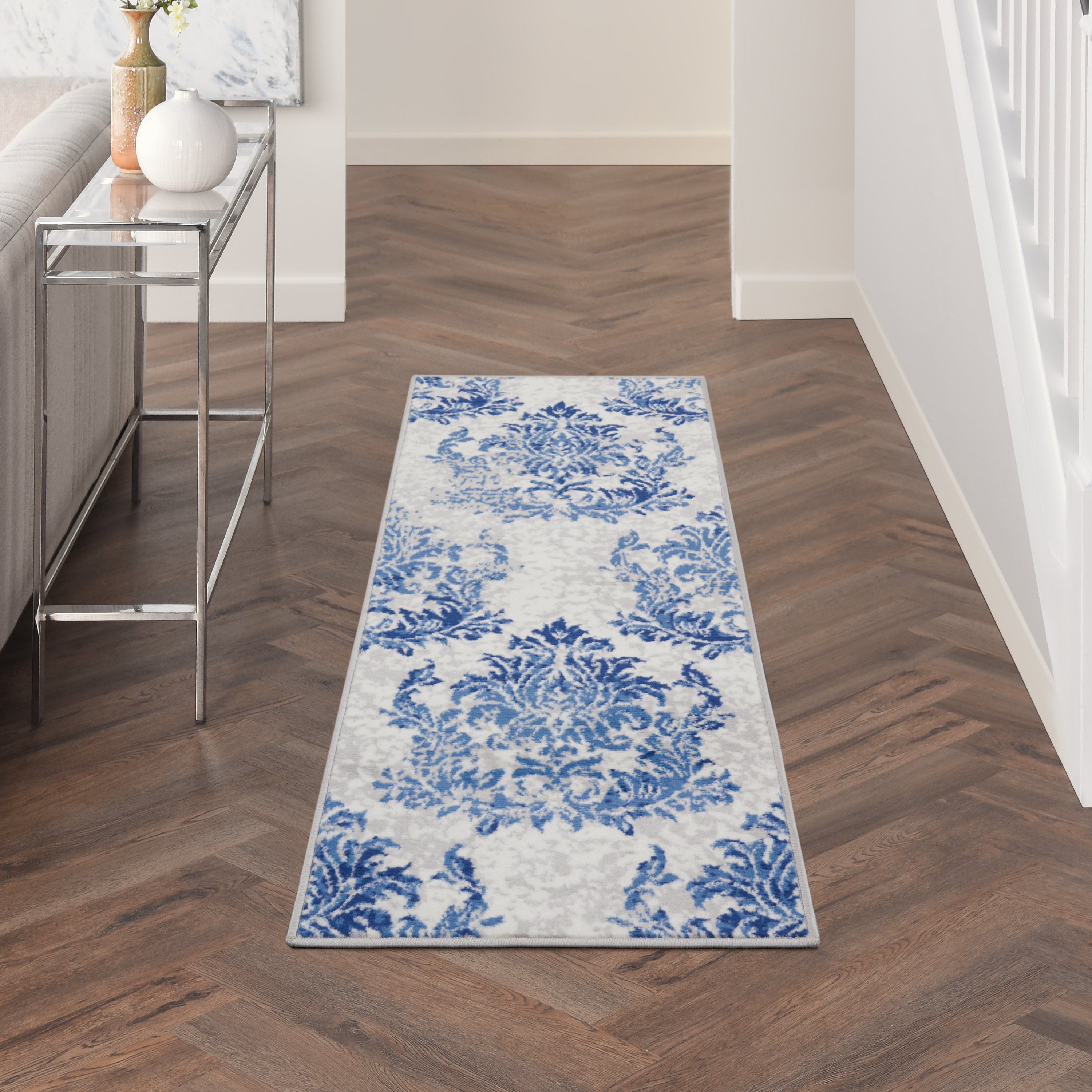 Nourison 99446833549 Whimsicle 2 x 6 (ft) Loomed Polypropylene Ivory Navy Rectangular Indoor Damask Runner rug