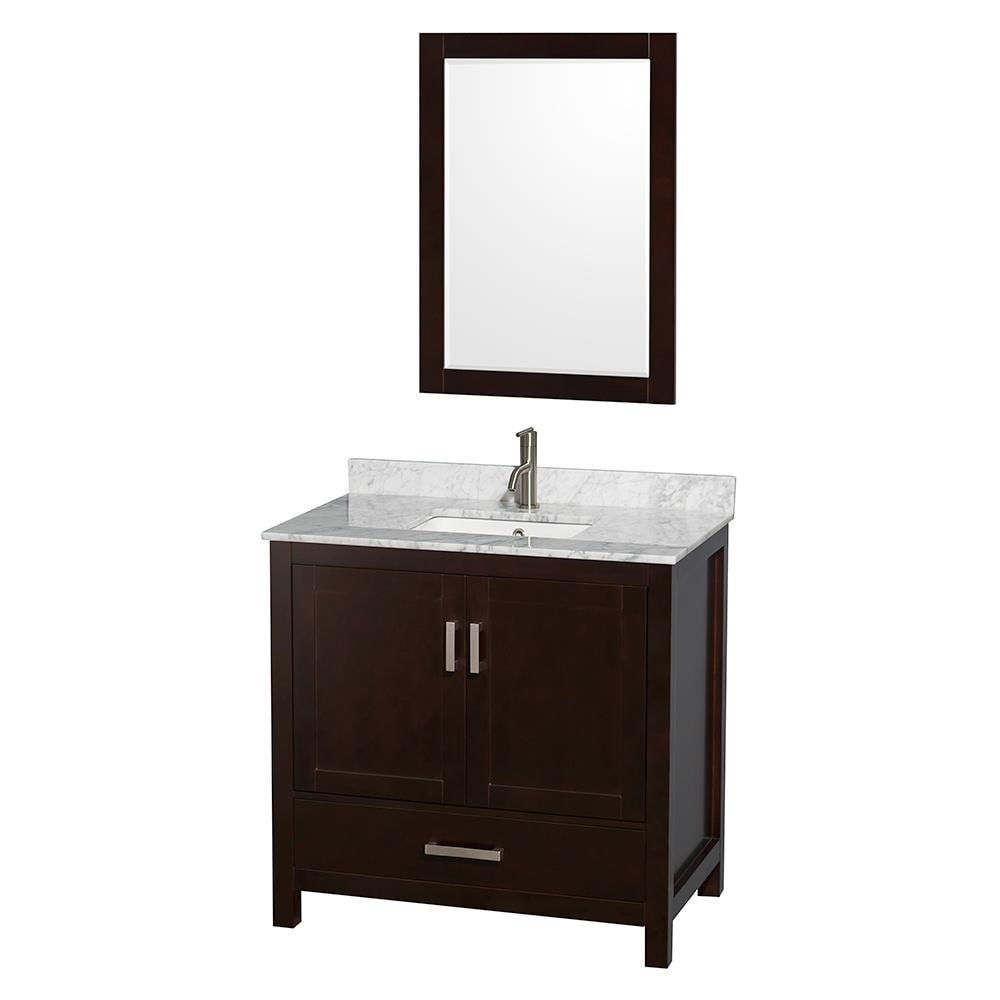 Wyndham Collection WCS141436SESCMUNSM24 Sheffield 36-in Espresso with Brushed Chrome Trim Undermount Single Sink Bathroom Vanity with White Carrera Natural Marble Top (Mirror Included)