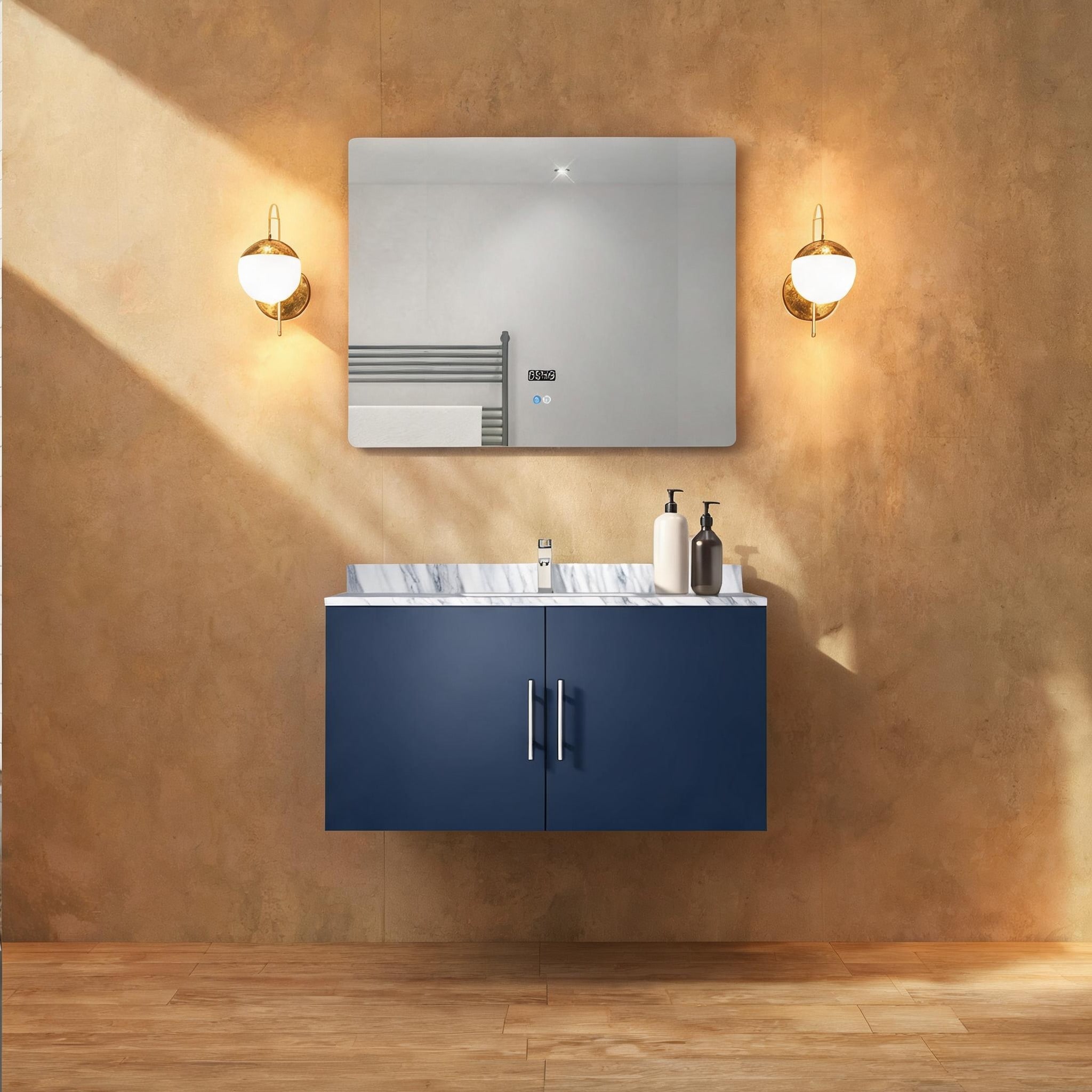 Naturefalls - Wood blue-toned bathroom vanity cabinet with LED mirror spacious single-compartment...