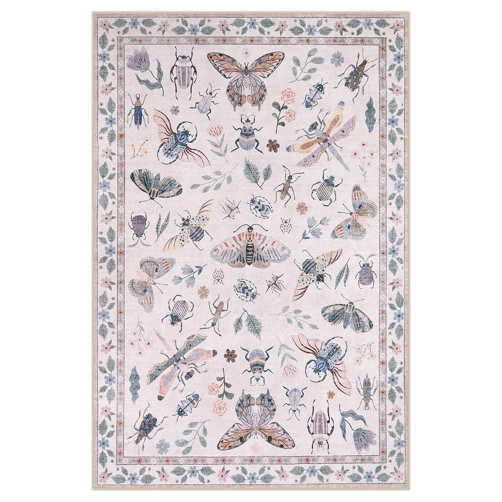  AR-DYR-216-LP2 6ft x 9ft Light Pink Machine Washable Animal Life Insects Area Rug