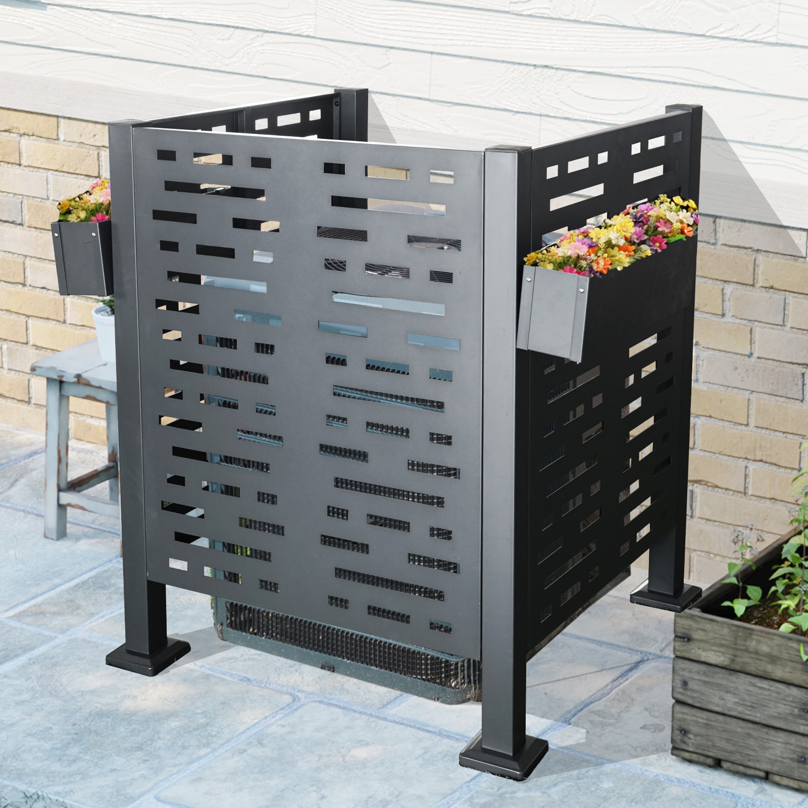 GDFStudio Outdoor 3ft x 3ft Metal Air Conditioner Privacy Fence Cover with Freestanding Design and Decorative Planter Boxes Charcoal