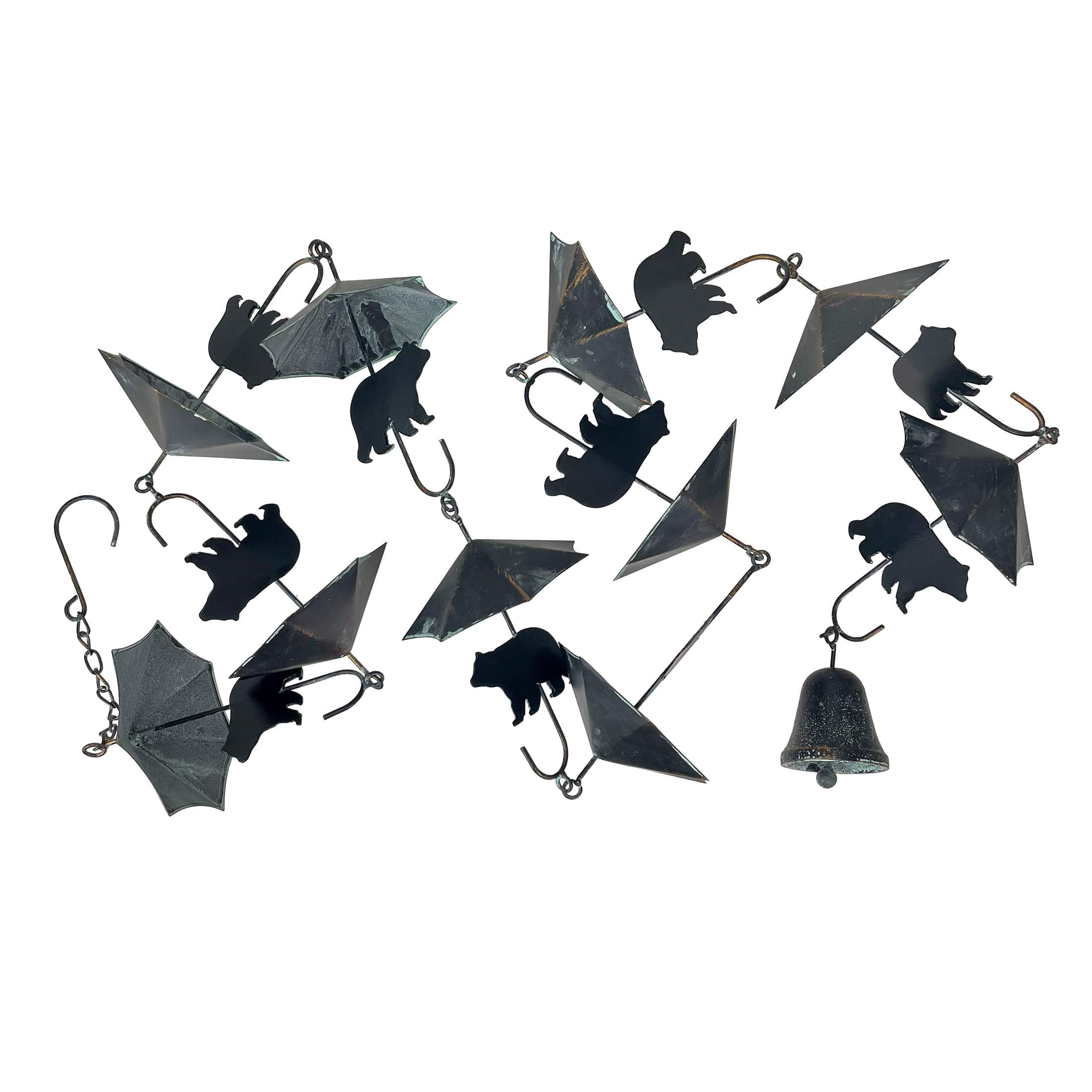 Things2Die4 MRC-54324-GN Verdigris Umbrella and Black Bear Rain Chain - 75 inches Long with 10 3D Designs - Weighted Bell for Wind Chime Sound - Eco-Friendly Water Collection or Downspout Replacement