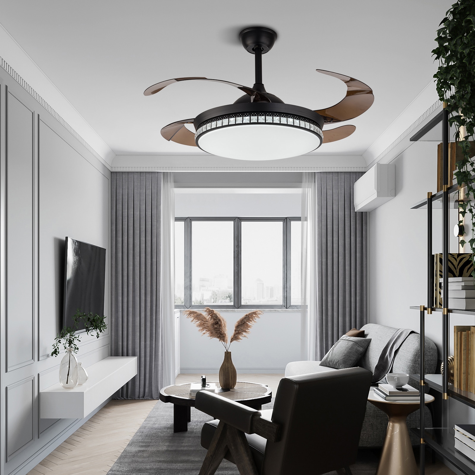 42-Inch Black Retractable Blade LED Chandelier Ceiling Fan