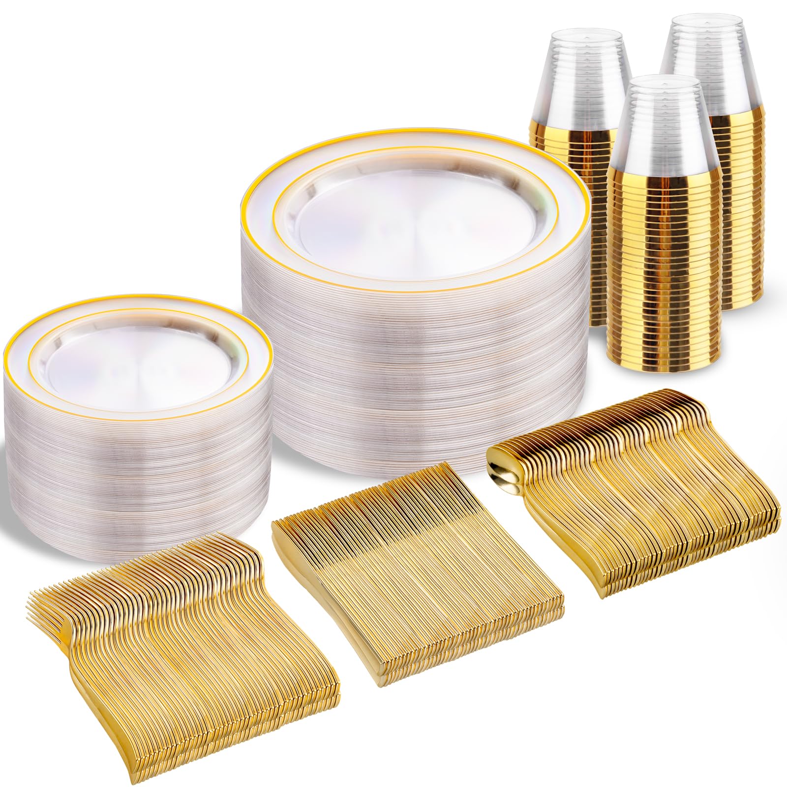 Etokfoks  Clear Gold Clear Family Disposable Plastic Dinnerware Set Plates Cups Silverware for Parties 300 pcs Per Case