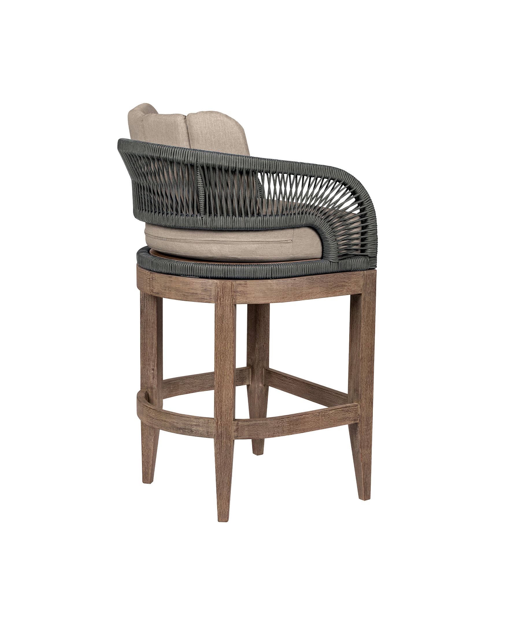 26" Weathered Eucalyptus Outdoor Counter Stool with Gray Rope and Taupe Cushions