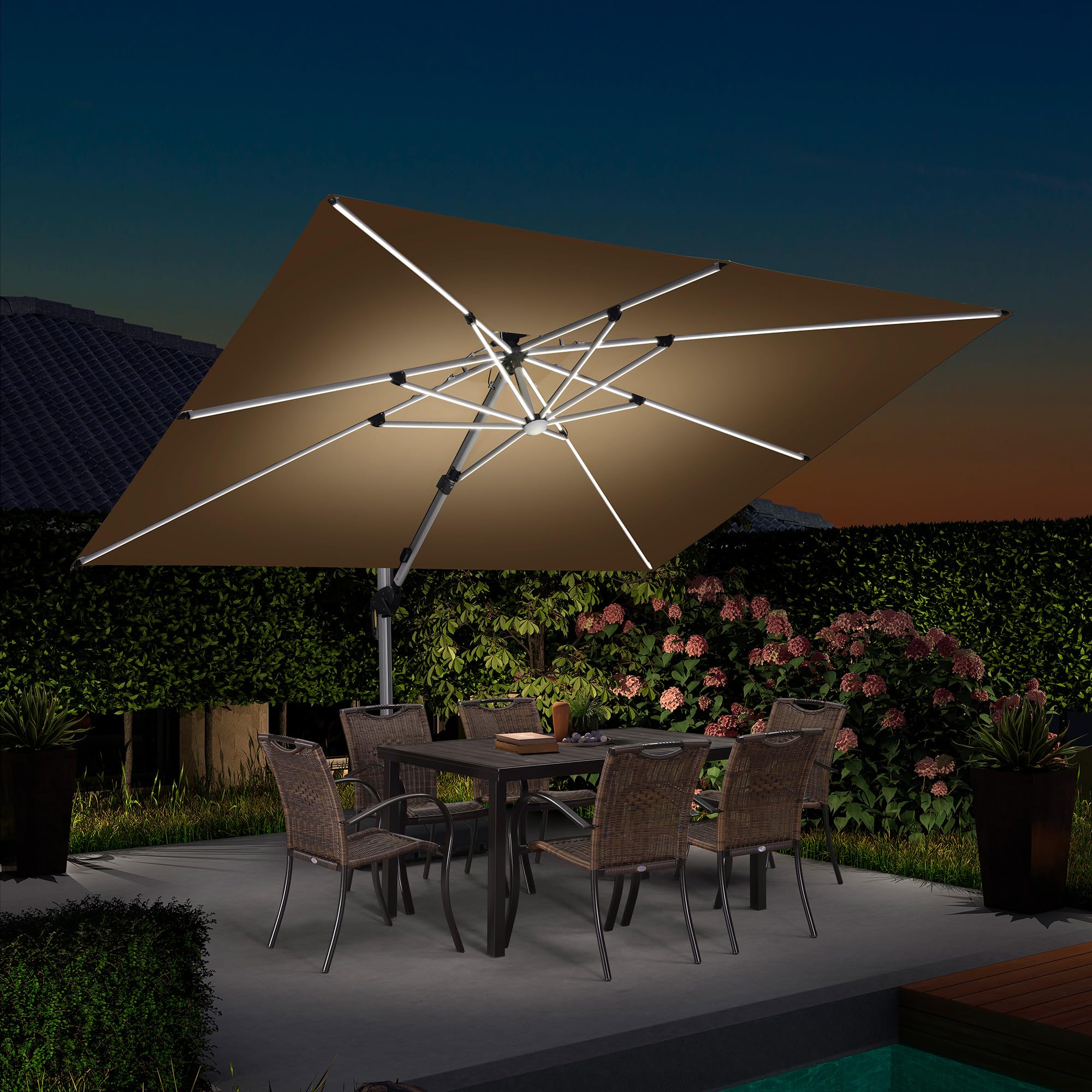 PURPLE LEAF LSGLRRCDT0912-KK 9-ft Aluminum Beige Crank Cantilever Patio Umbrella with Lights