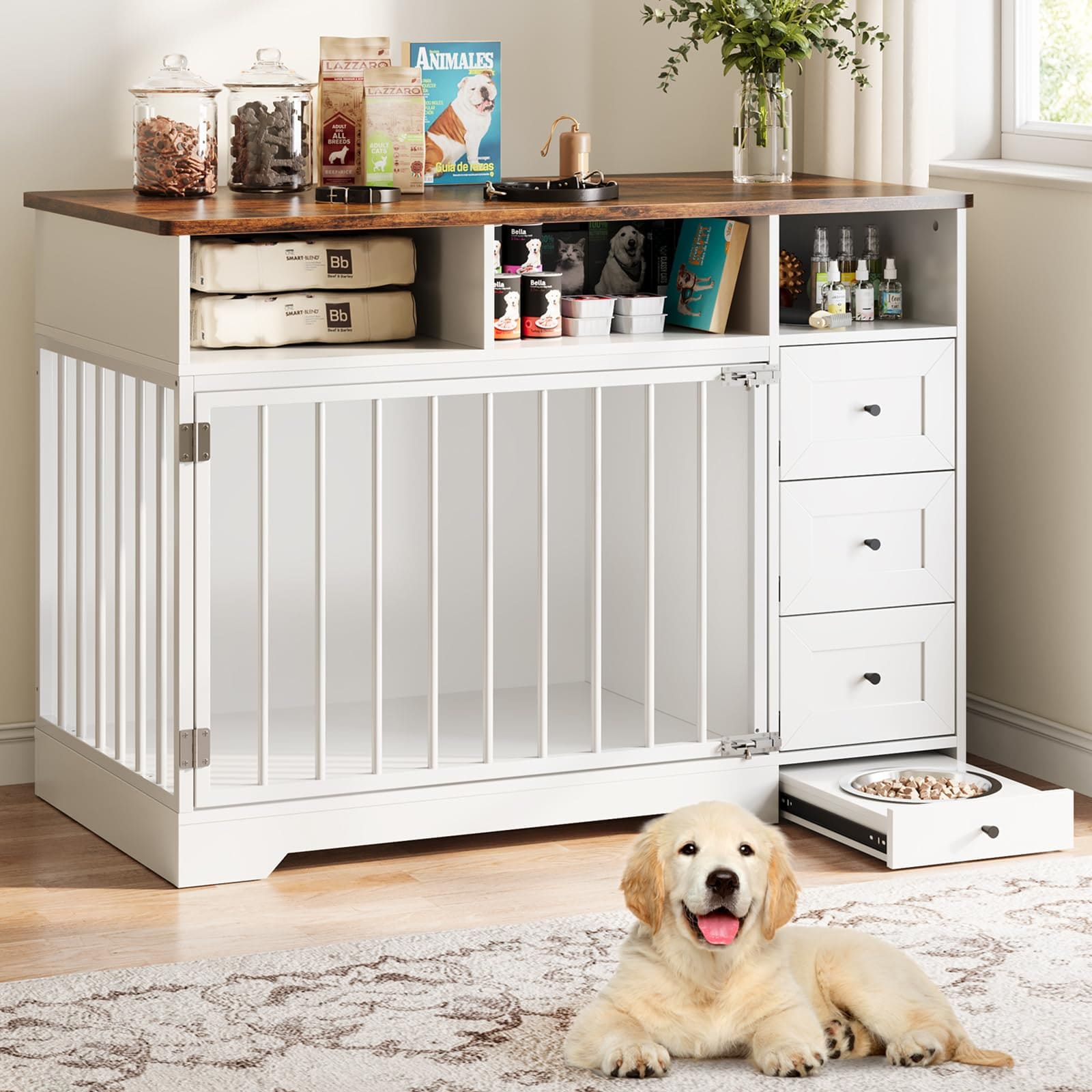 Garvee 48-in Farmhouse Dog Kennel Crate Furniture Dog Bowl and Storage Drawers Heavy Duty End Table for Medium Small Dogs White