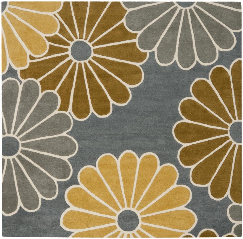 Gray and Yellow Floral Tufted Wool Square Rug, 6' x 6'