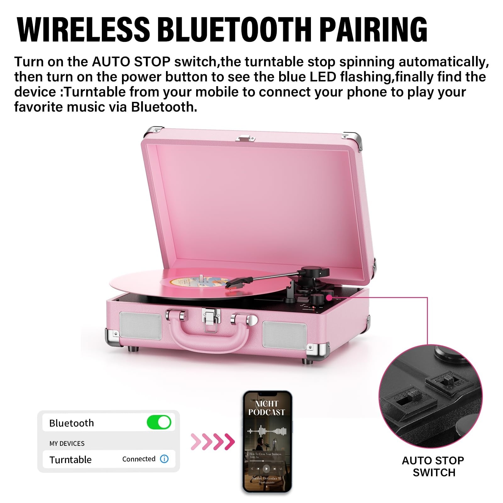 Etokfoks  Portable Suitcase Vinyl Record Player Three Speed Belt Driven Turntable Built In Speakers Bluetooth RCA AUX Headphone Pink