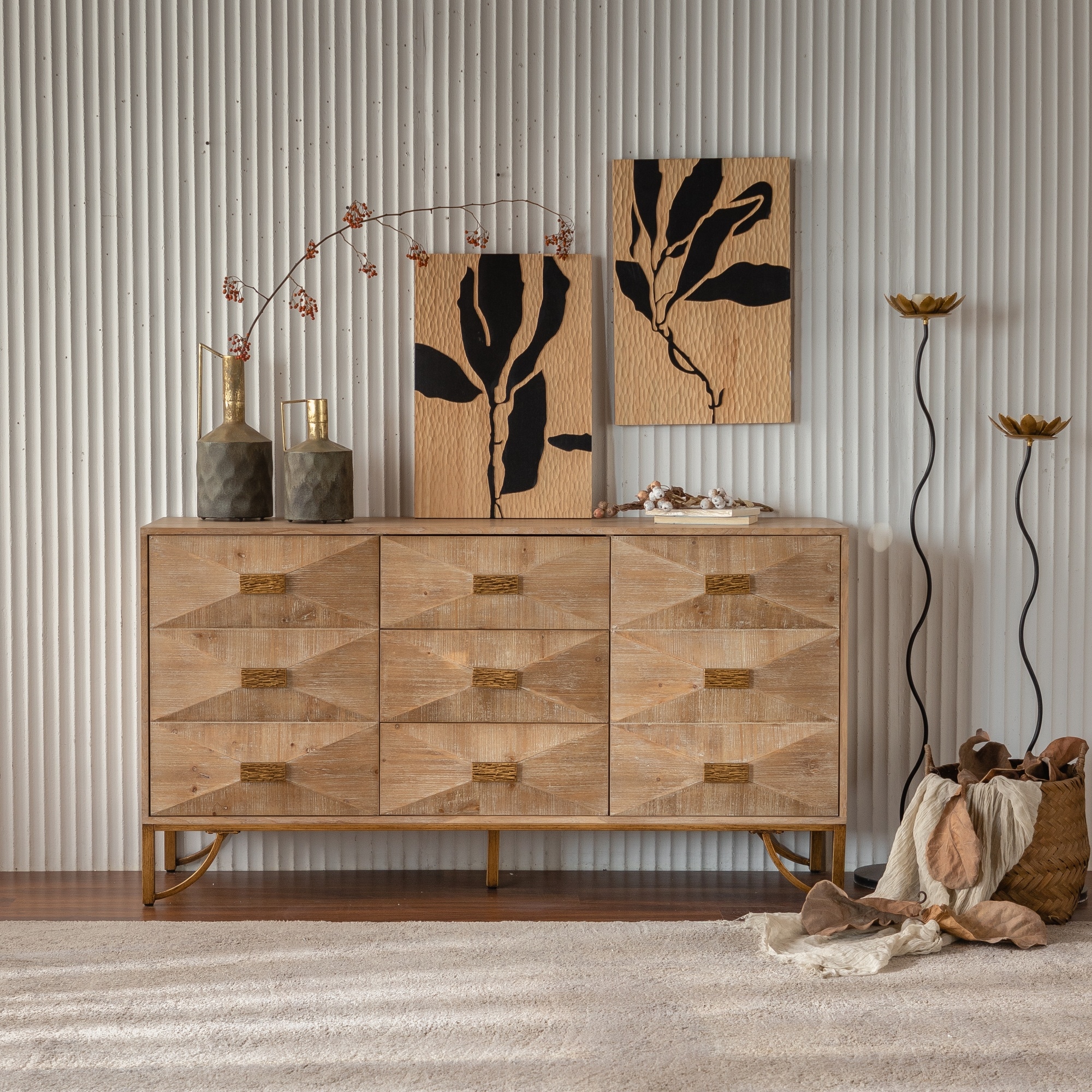 Lirago 59.44 in Light Wood Sideboard Buffet 3-Drawer 2-Door Storage Cabinet with Geometric Relief Fronts Gold Metal Legs for Living Room Dining Room