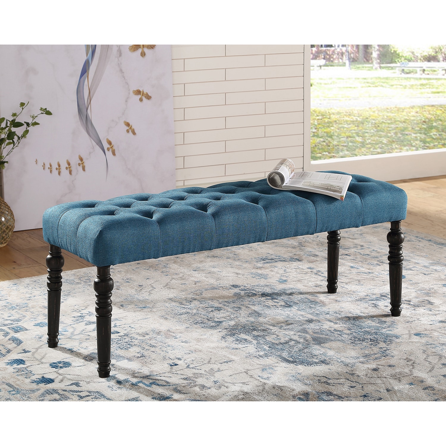 Mondawe MO-HZ64615 Midcentury Blue Accent Bench with Storage 48-in x 16-in x 19.5-in