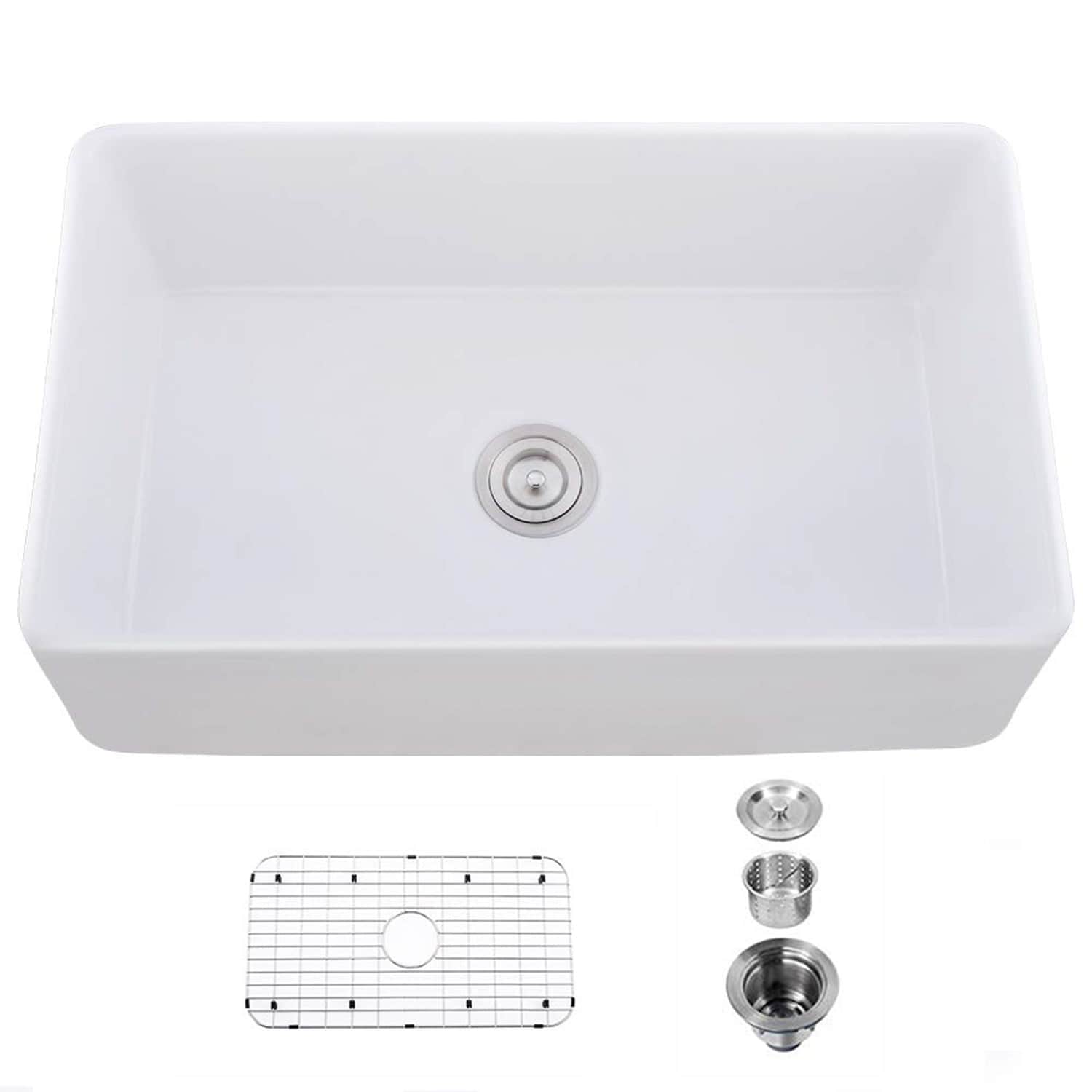 Tinyhomie 33x20 Inch Single Basin Ceramic Farmhouse Kitchen Sink with Basket Strainer