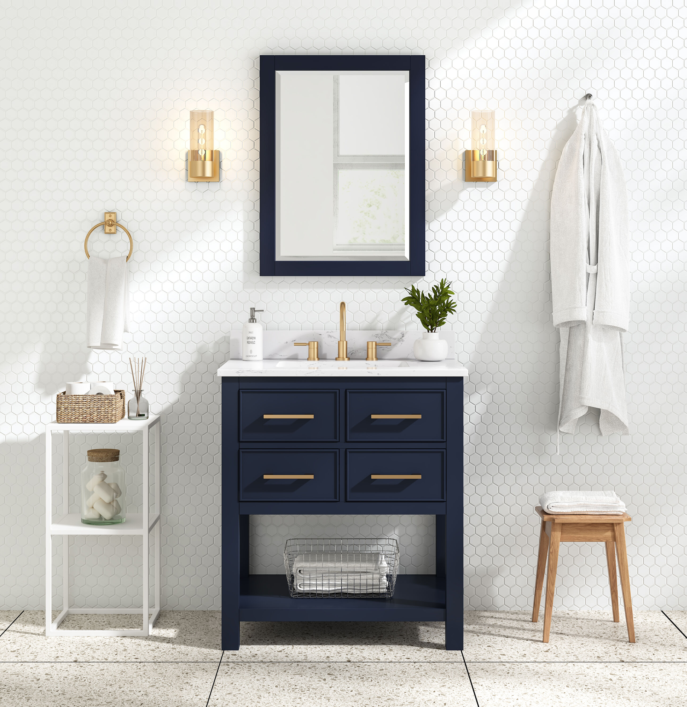 Navy Blue and Gold 31'' Single Bathroom Vanity with Engineered Marble Top