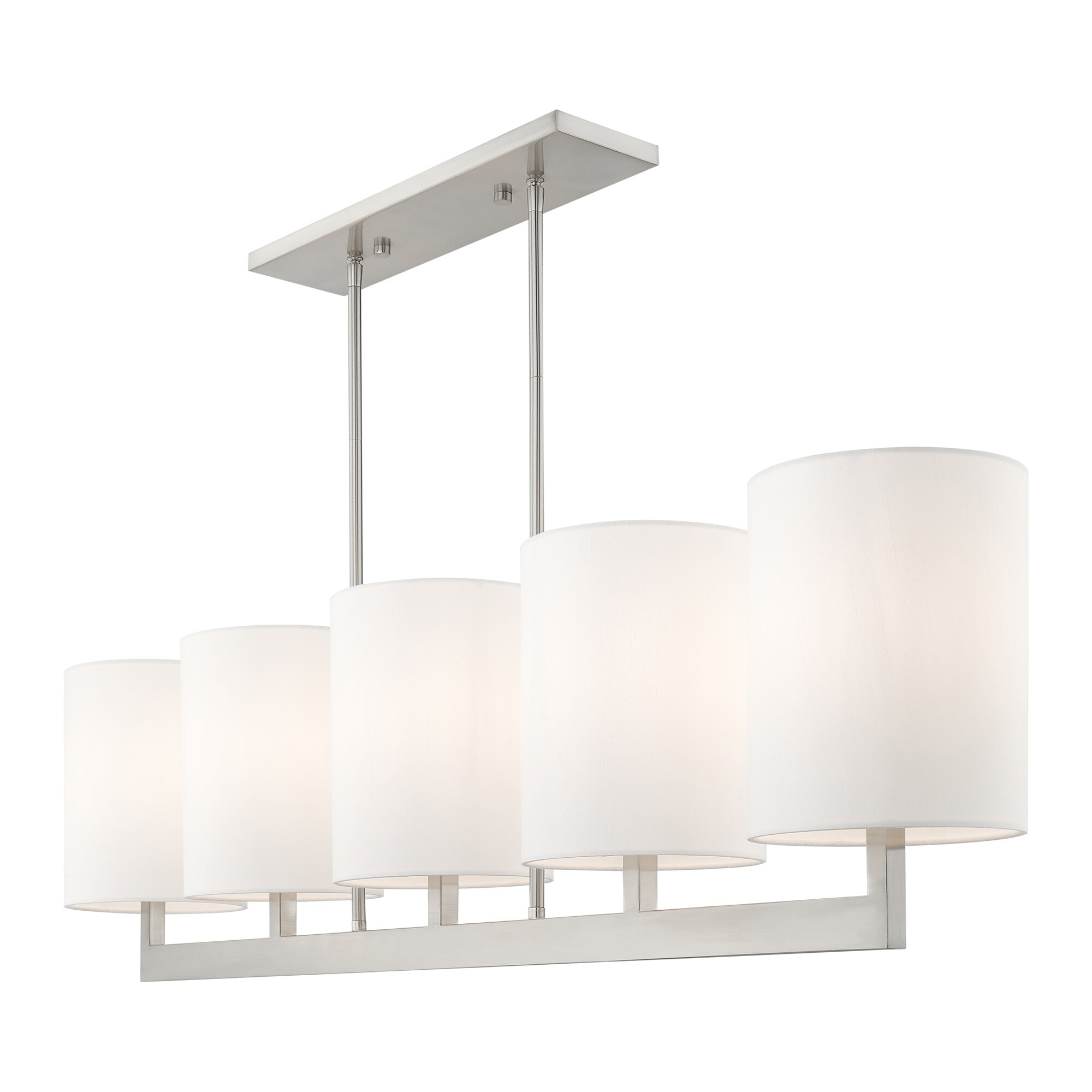 Contemporary Brushed Nickel 5-Light Linear Chandelier with Off-White Shades