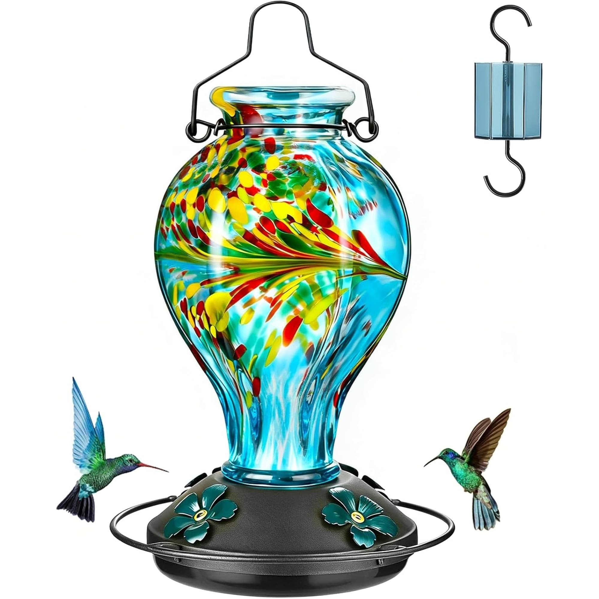 Numhew - 24oz 1-Port Blue Phoenix Glass Leak-Resistant Hummingbird Feeder with 360 Degree Perch a...