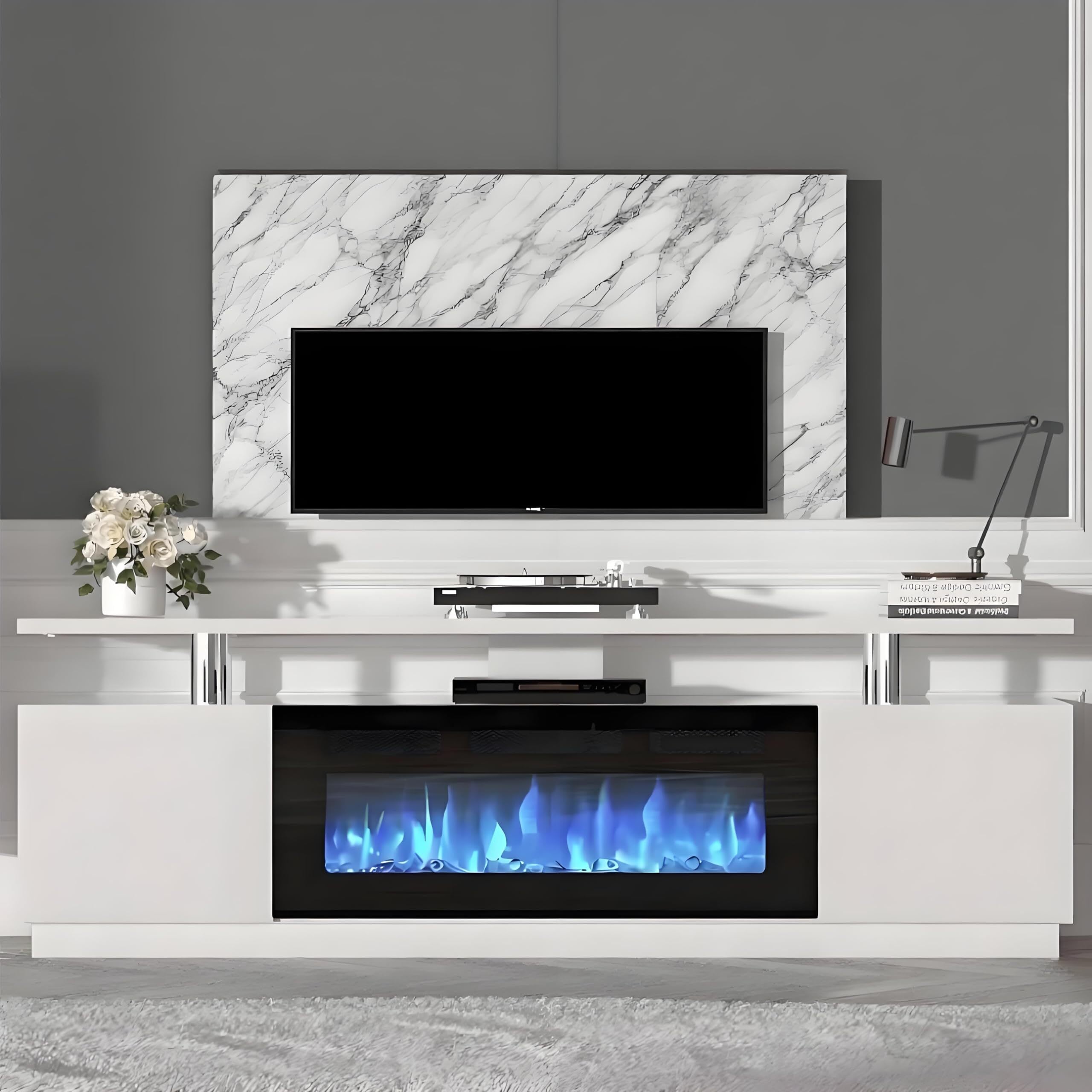 Qeetex Fireplace TV Stand 70 inch White Modern TV Stand with Electric Fireplace 36 inch Heater Adjustable LED Flame Effects and 12 Flame Colors 2 Tier Storage Cabinets
