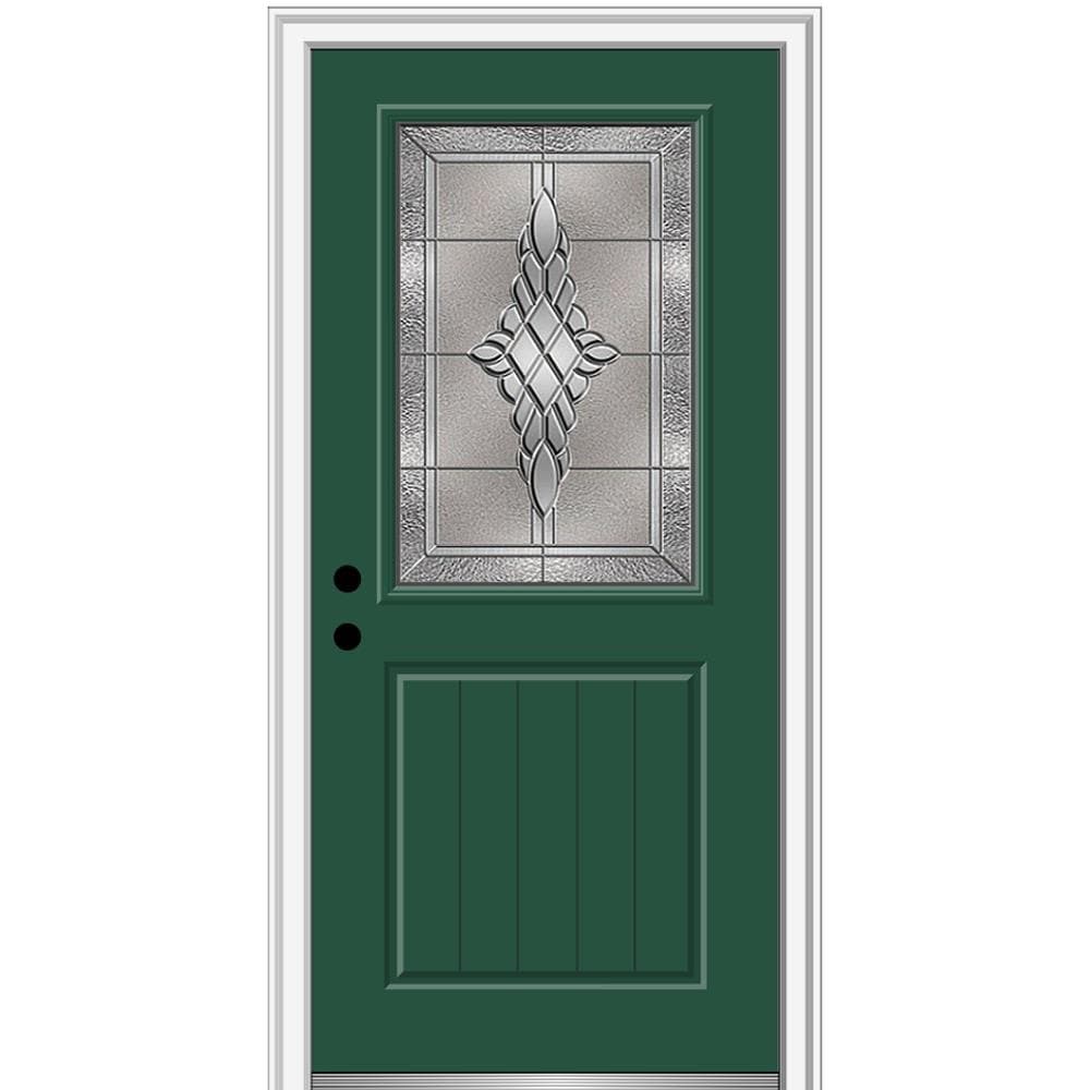 MMI DOOR ZZ3667062R 32-in x 80-in x 4-9/16-in Fiberglass Half lite Right-hand inswing Hunter Green Painted Prehung Front Door with Brickmould Insulating core