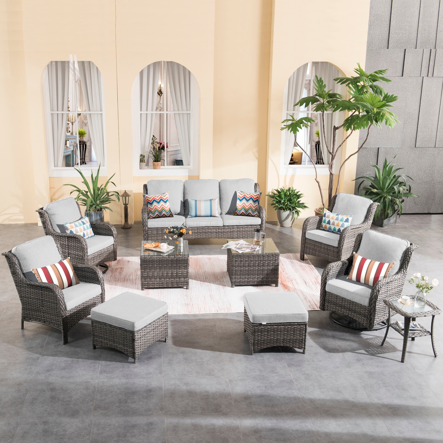 Ovios 10 Piece High-Back Rattan Patio Furniture Set Wicker Swivel Rocking Chairs Sectional Sofa Set with Side Table and Ottomans Grey Wicker, Grey -  GNTC004Y