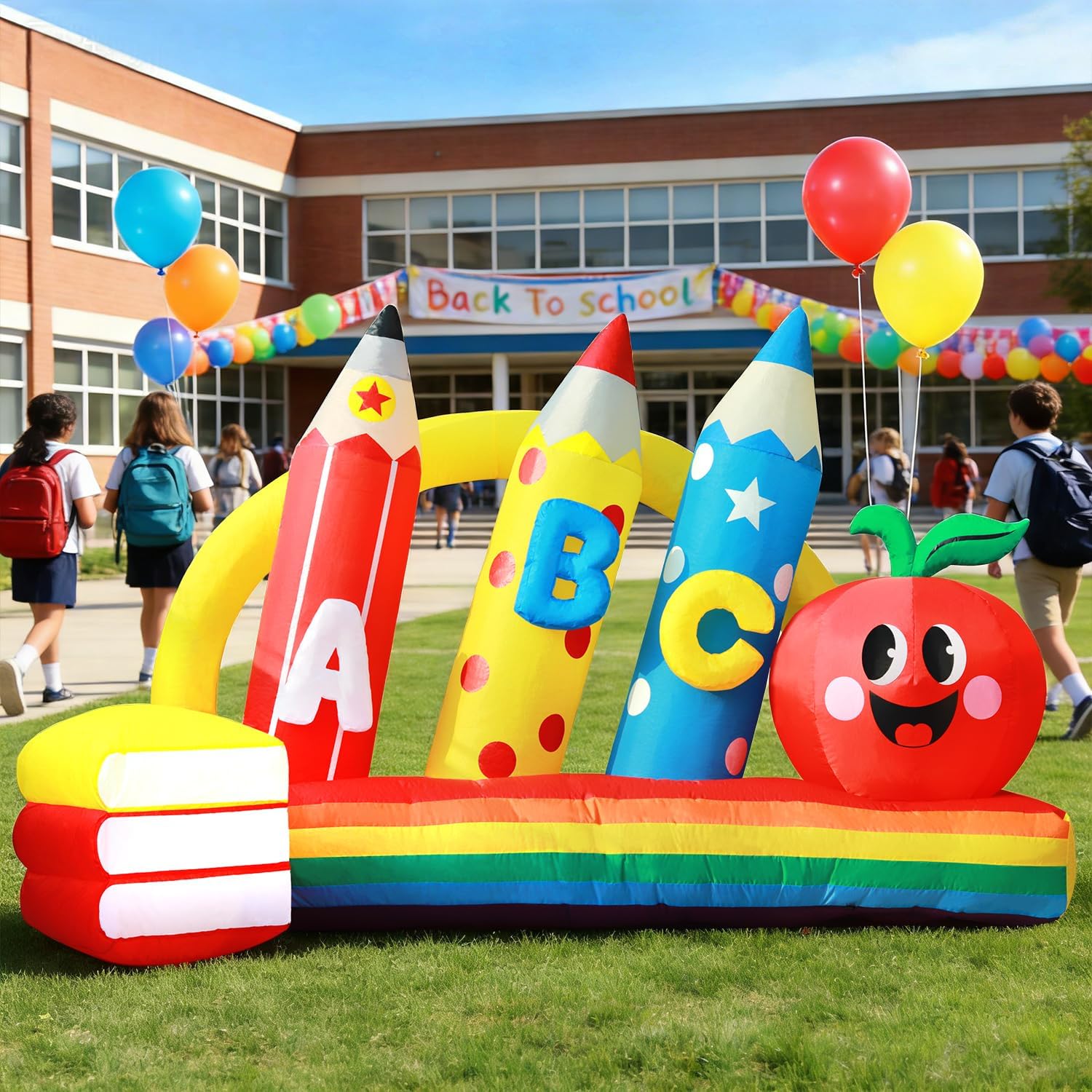 DomKom  8-FT Kindergarten Graduation Inflatable Crayon Yard Outdoor Decoration with Built-in LED Lights Heavy Duty Blow Up Red Apple Book Backdrop for 2026 Graduate Back to School Lawn Party Display Multi