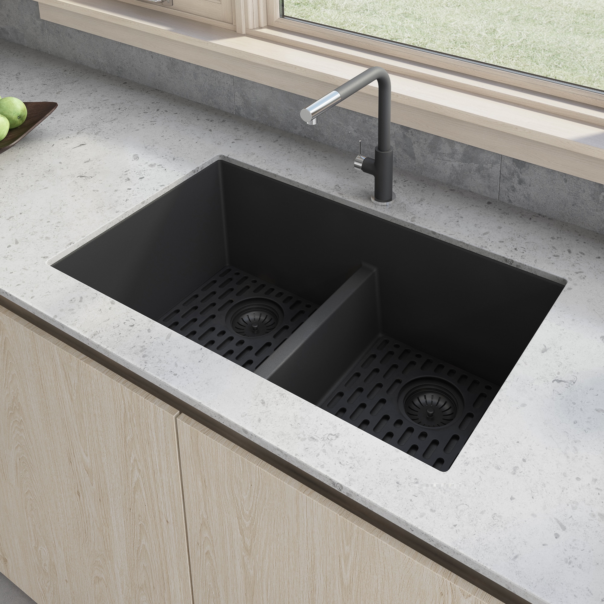 Ruvati RVG2385BK epiGranite Undermount 33-in x 18.5-in Granite Double equal bowl Kitchen Sink