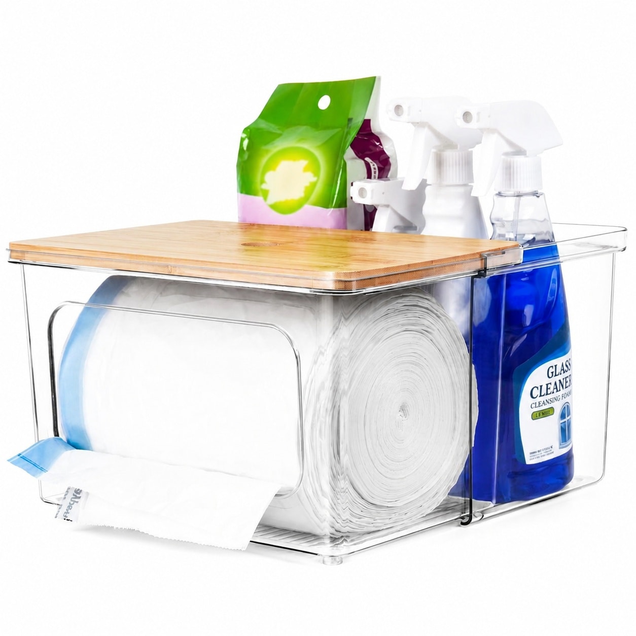 KIWDZFU  Trash Bag Dispenser Holder 2 in 1 Under Sink Organizer Clear Acrylic Box with Bamboo Lid Holds Large Rolls for Kitchen Pantry Laundry