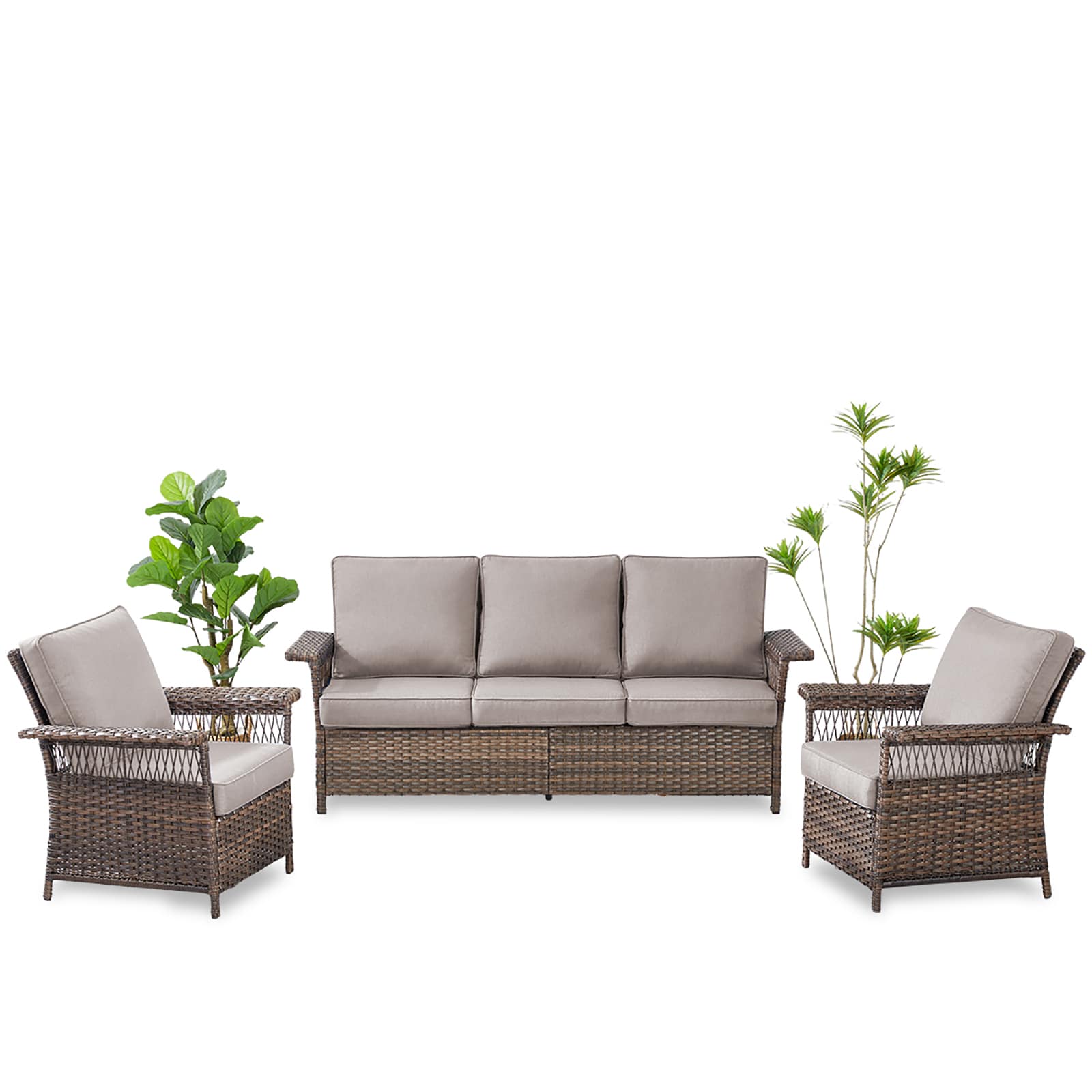 Rilyson FSSLBR1113-3 3 -Piece Wicker Patio Sofa Conversation Set with Gray Cushions