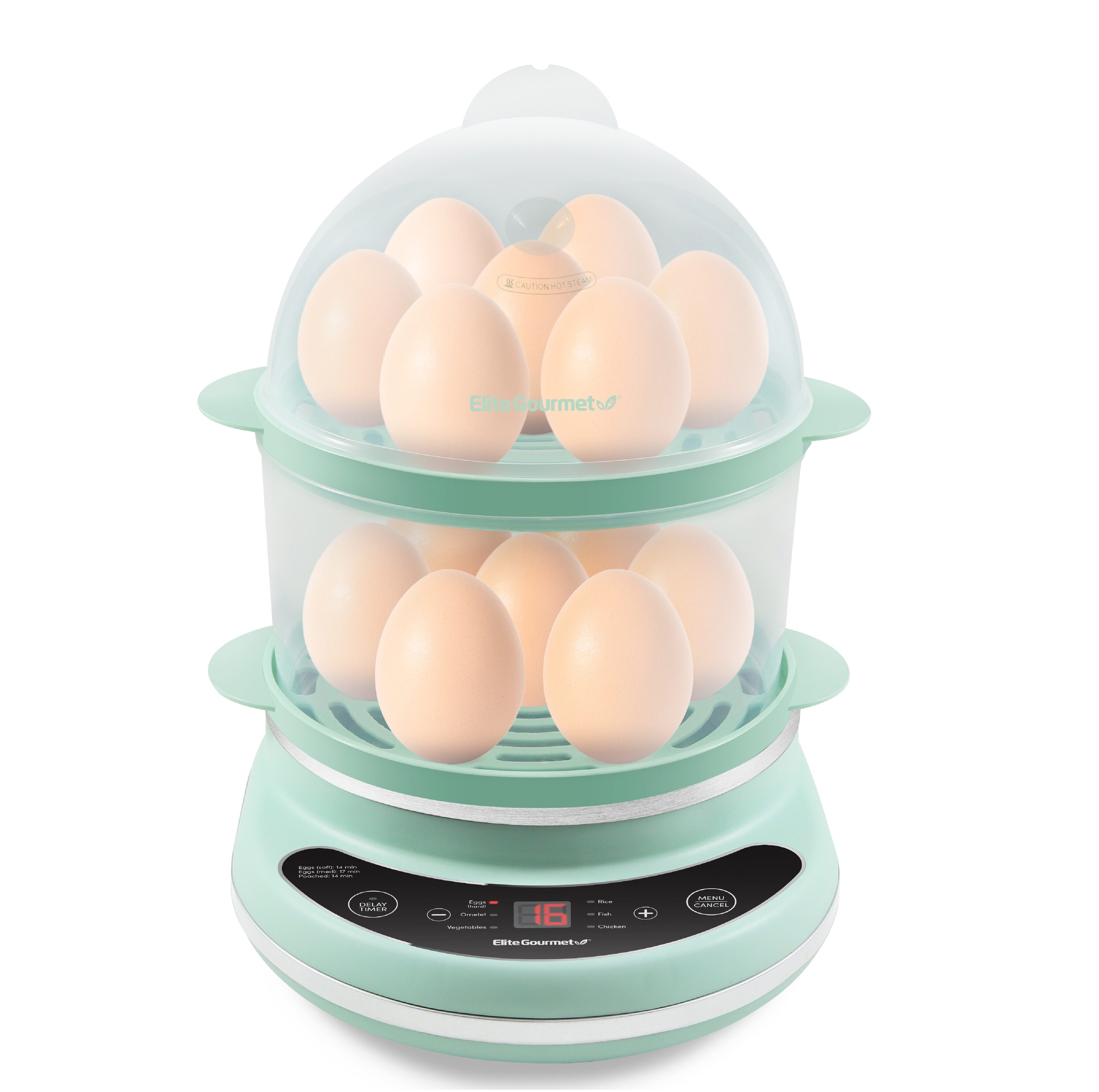 Elite Gourmet 7-Eggs White Easy Egg Cooker with Poaching Tray