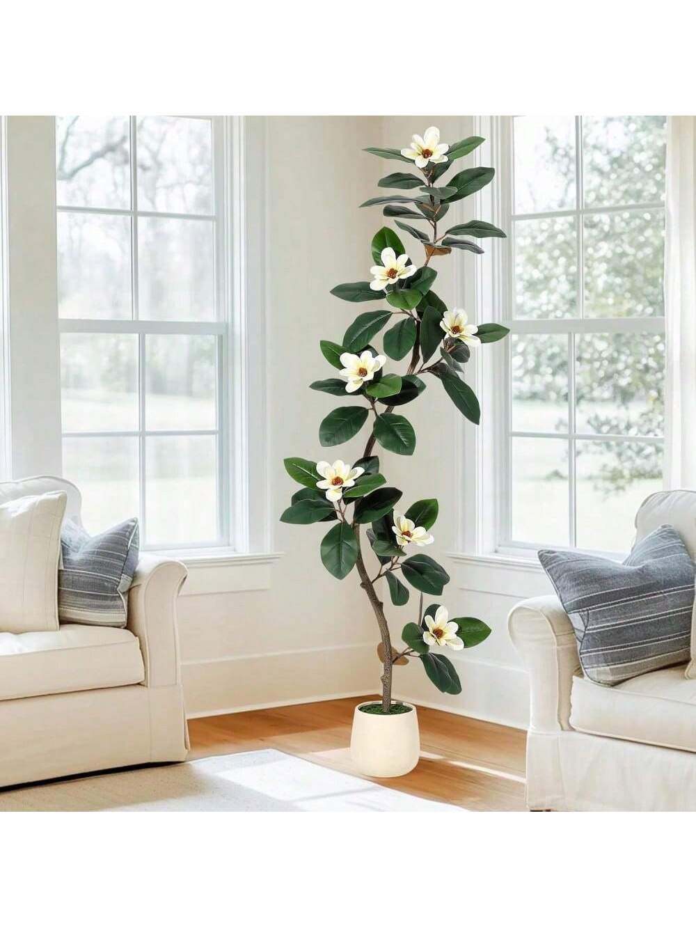 Qeetex PHK-33F89DNA-HF4 6ft Rubber TreeArtificial Tree In White Planter Pot.Faux Plants Indoor Faux Floor Plant Artificial Plants with 8 Pcs Magnolia Flowers for Home Decor