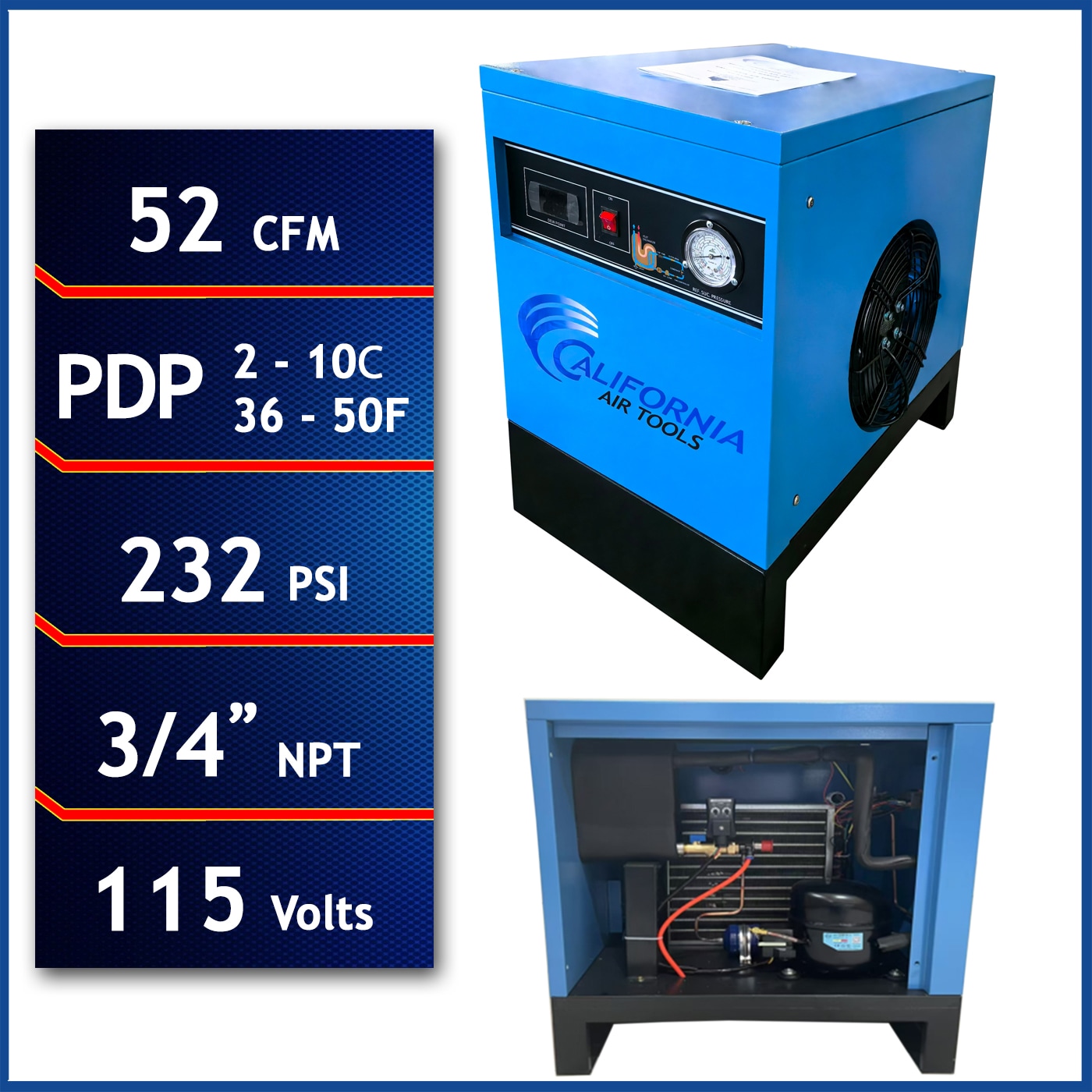 California Air Tools CAT-RD-91502 The RD91502 refrigerated air dryer typically removes around 98 percentage of moisture from compressed air making it suitable for most general industrial applications where a high level of dryness is needed but not an extremely low dew point.