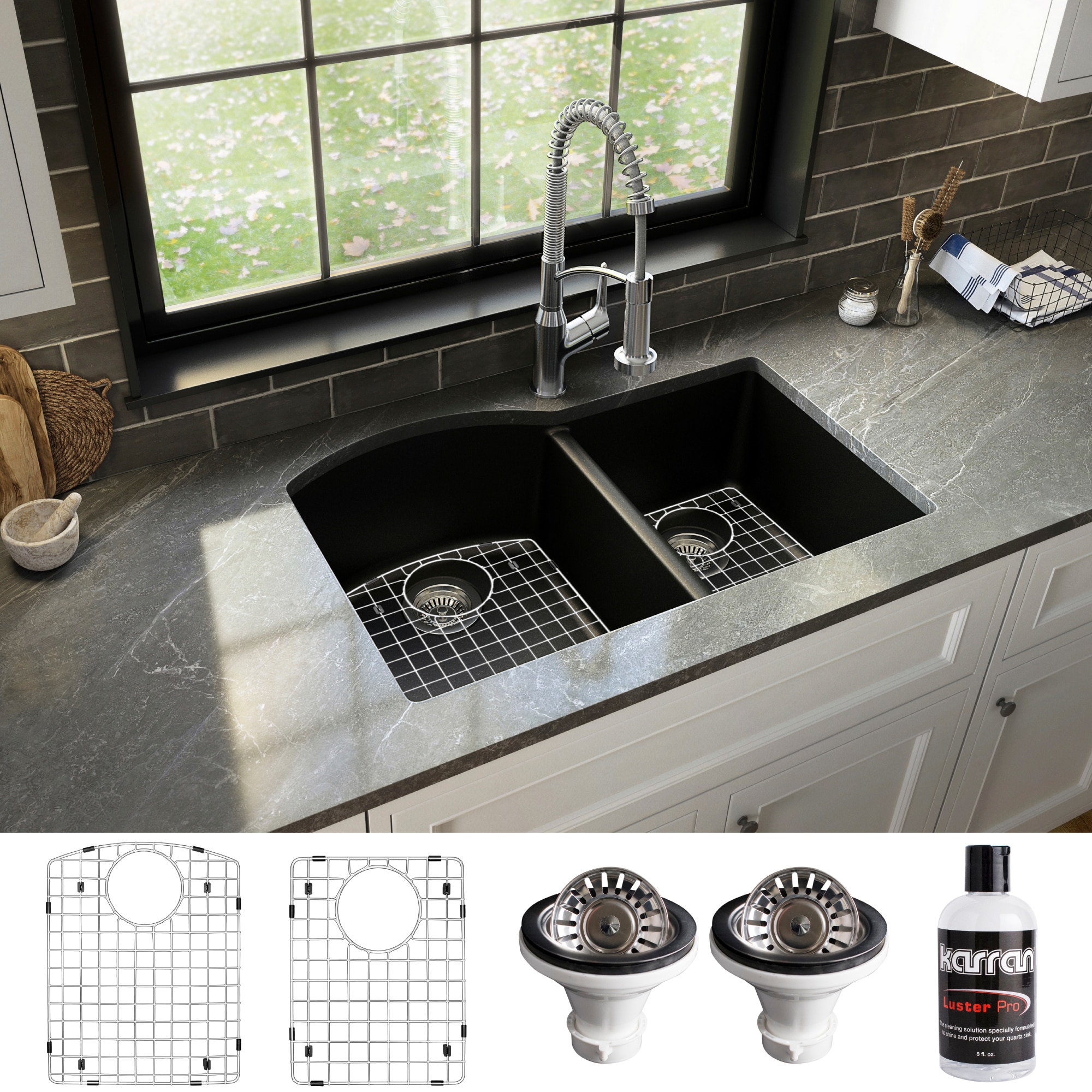 Black Casement Windows Above Kitchen Sink Complement Dark-Colored Island