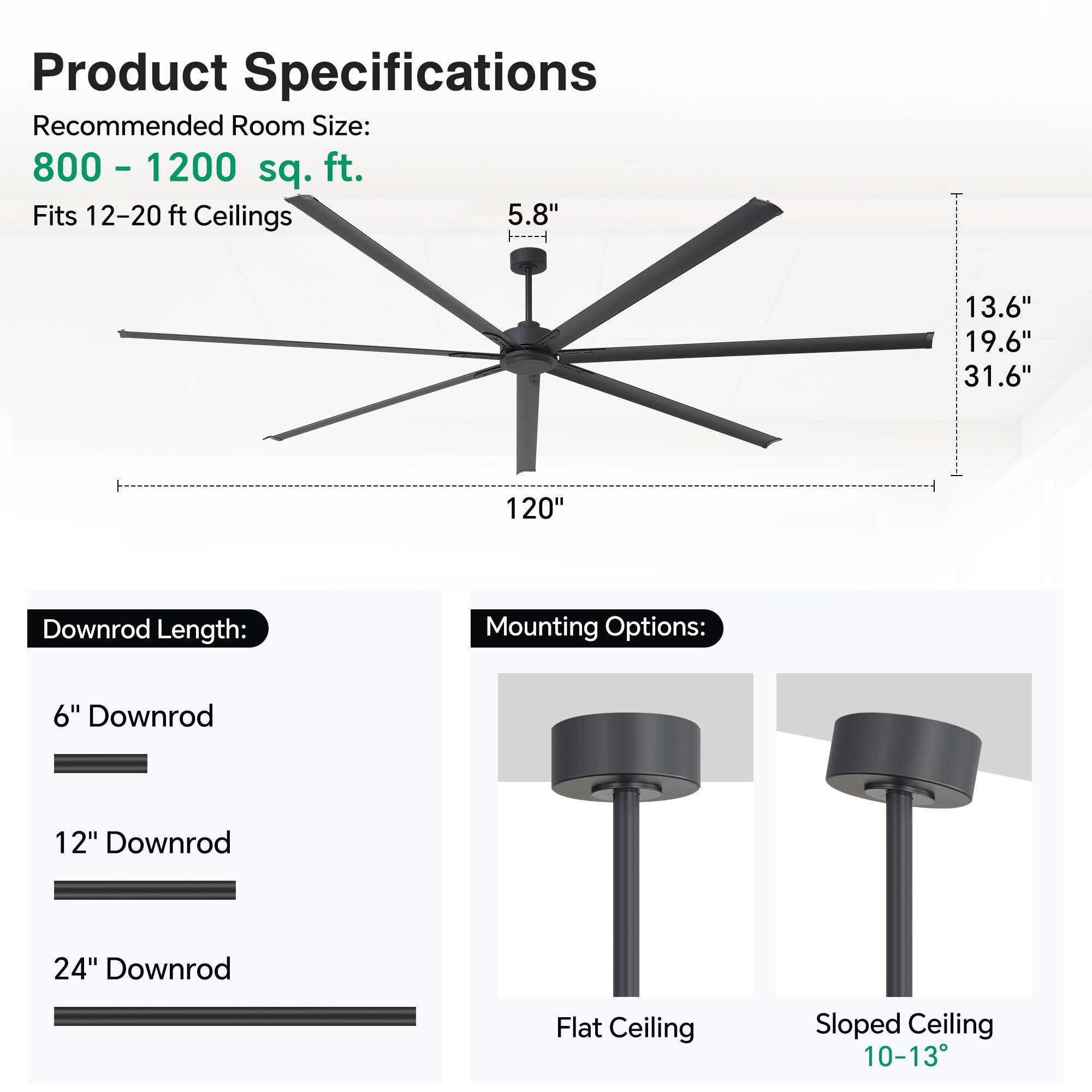 Flashwind 120-in Matte Black Indoor Downrod Mount Ceiling Fan With