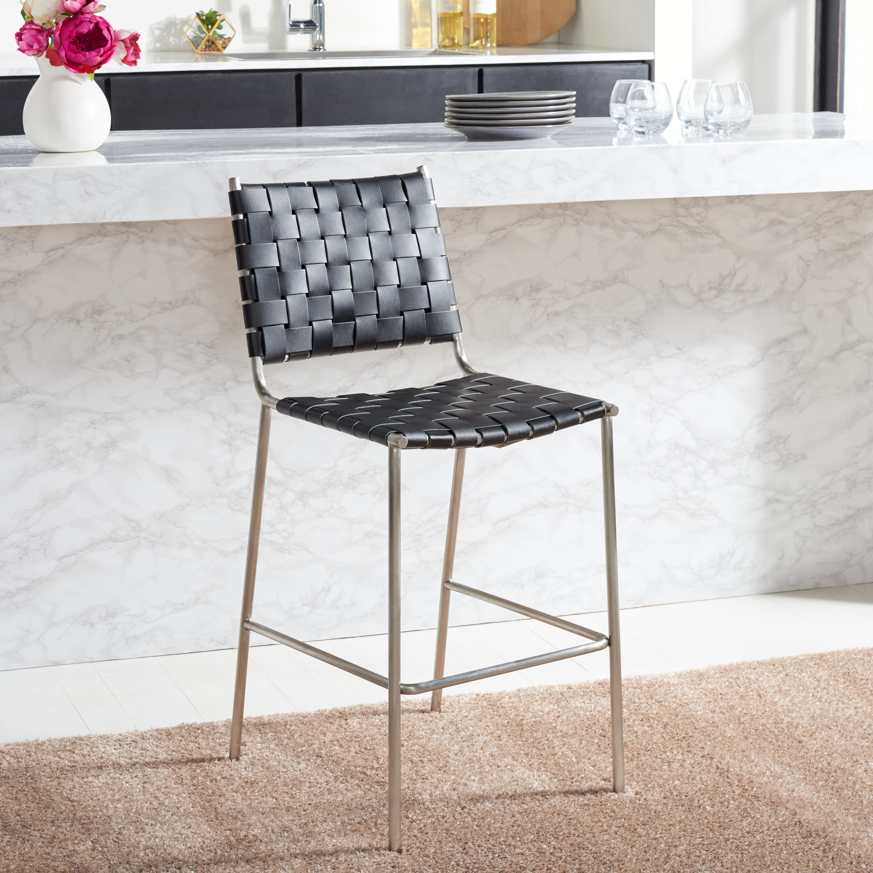 Saddle Style Black Leather Counter Stool with Silver Metal Base